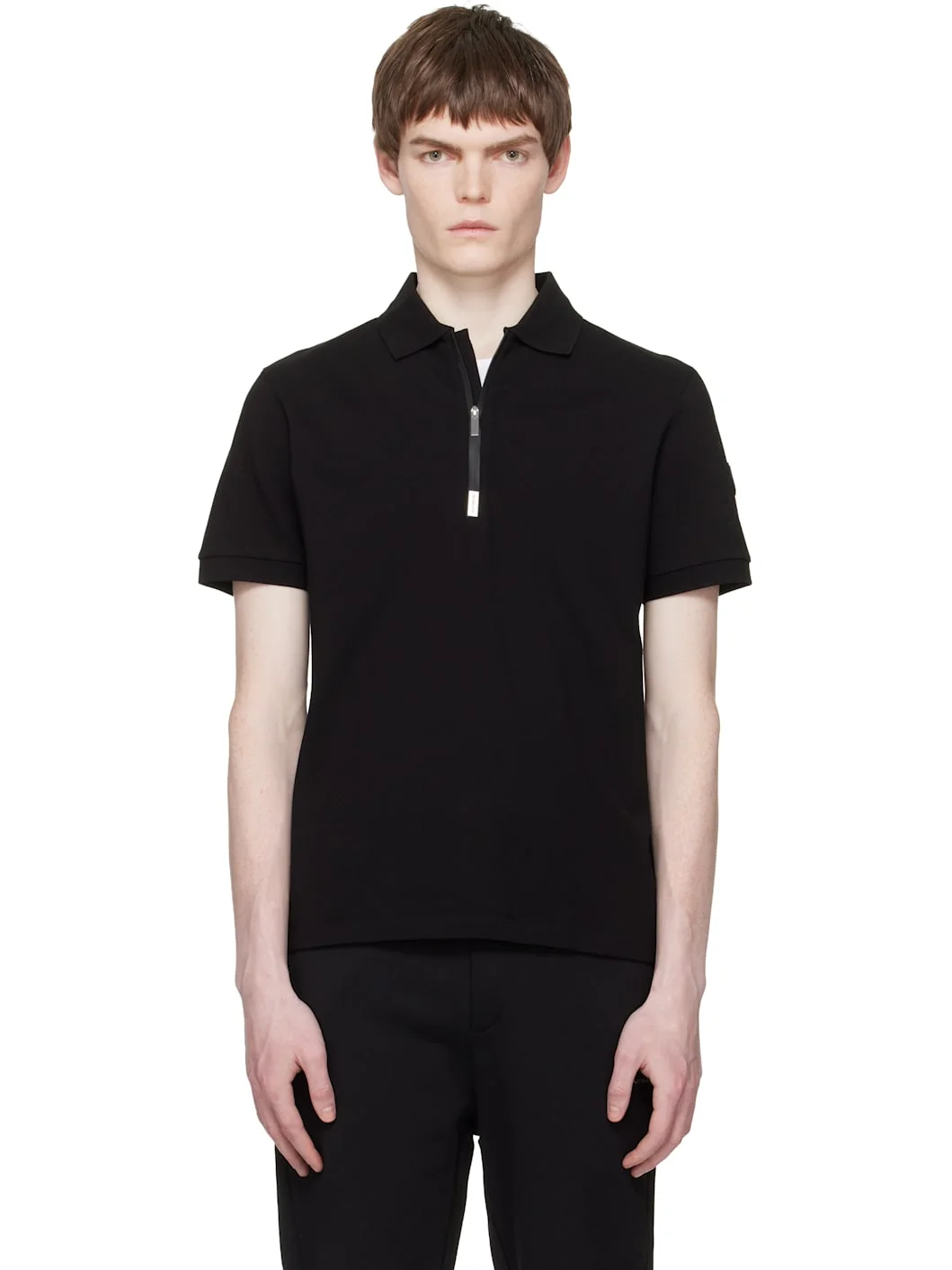 Black Logo Cotton Piquet Half Zip Polo - 1