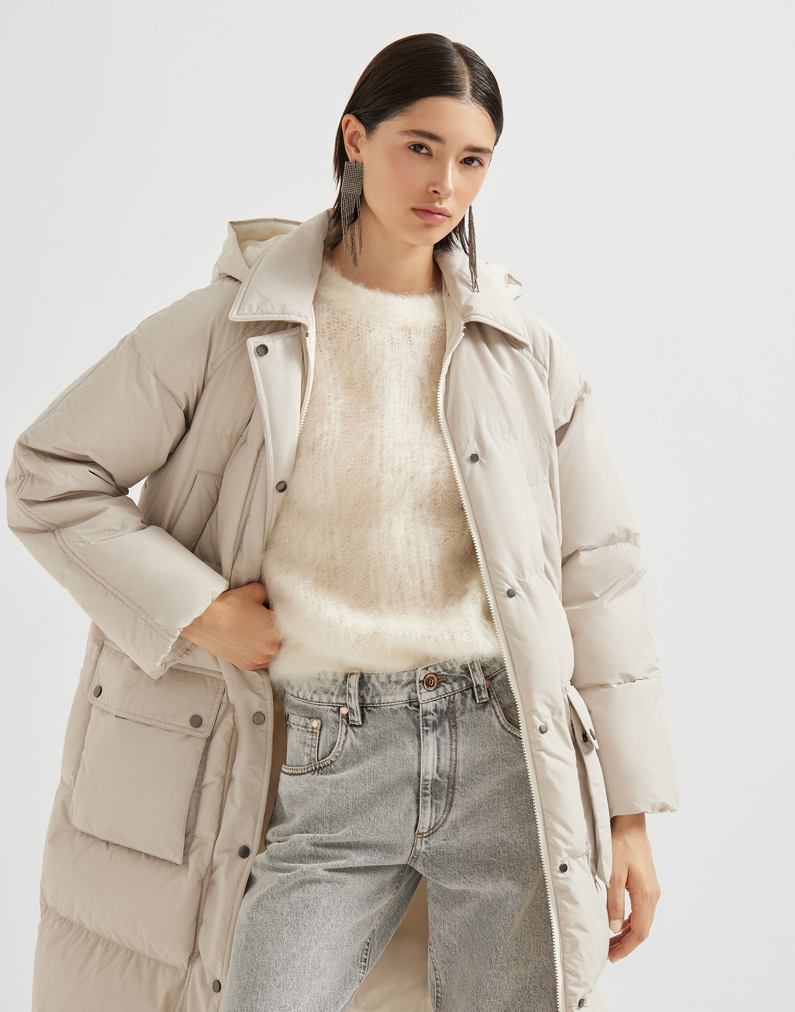 Techno cotton water-resistant taffeta down jacket with detachable hood and shiny zipper pull - 4