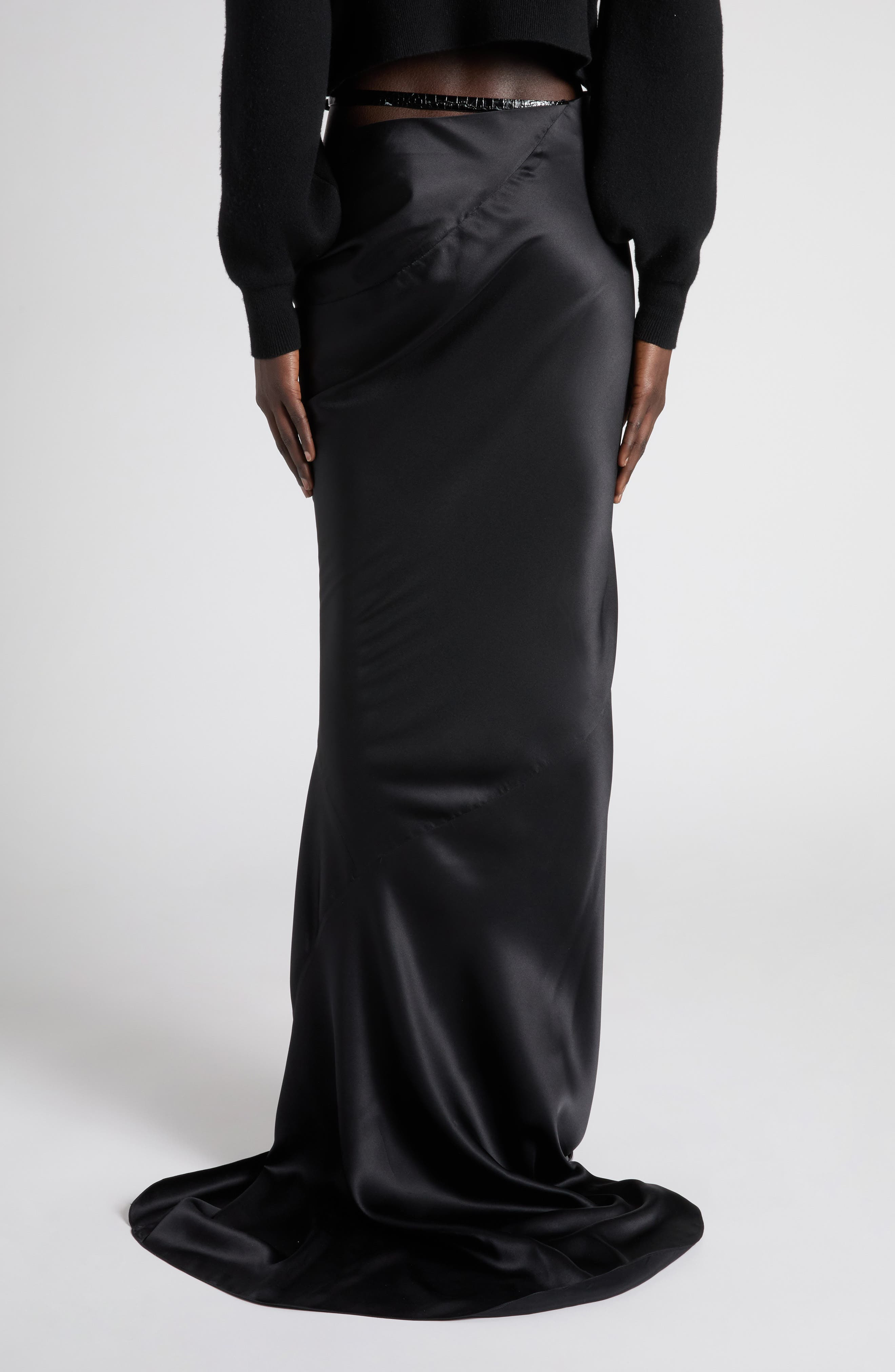 TOM FORD Belt Accent Bias Cut Silk Satin Maxi Skirt with Train in Black at Nordstrom - 3