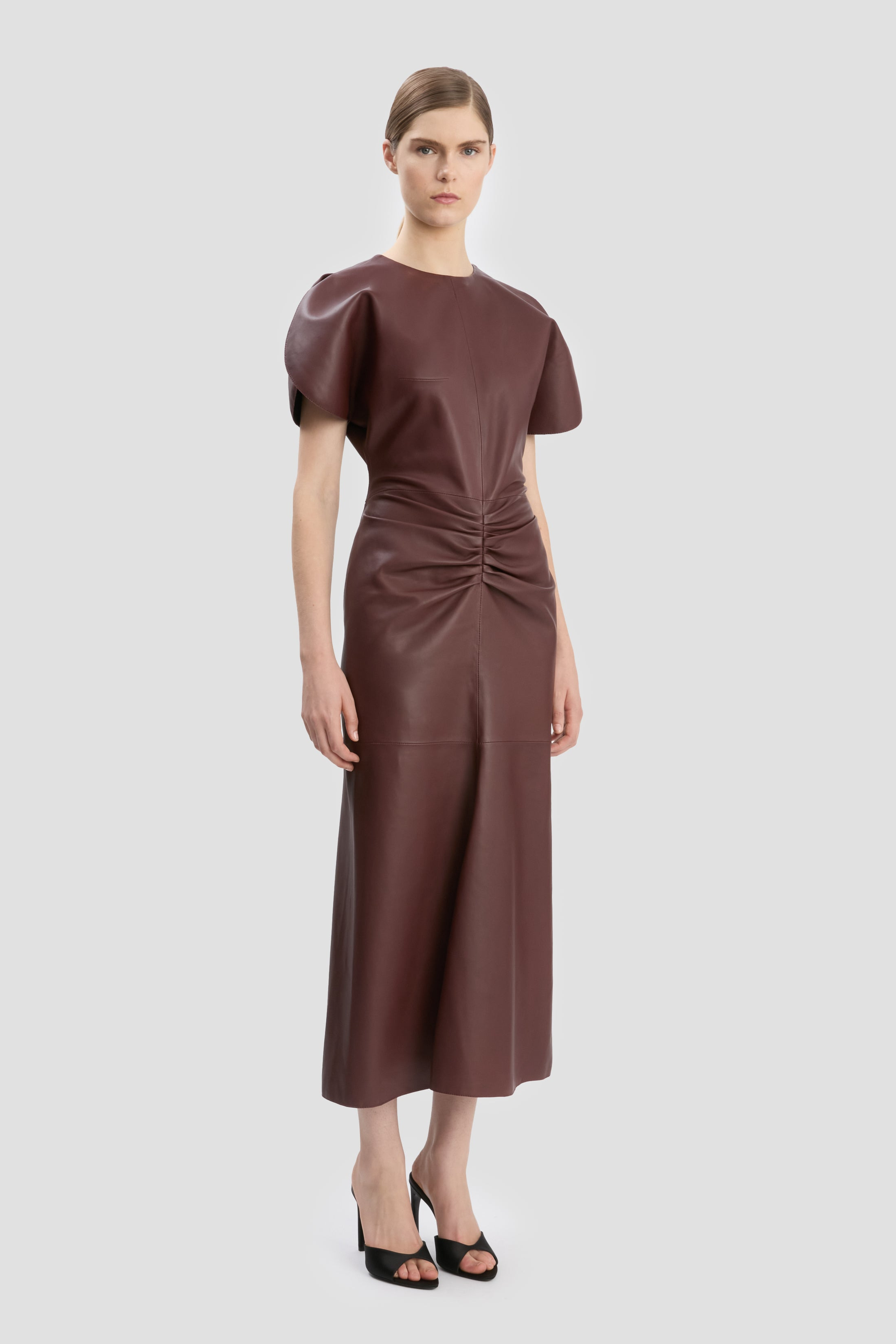 Gathered Waist Midi Dress In Soft Burgundy Leather - 3