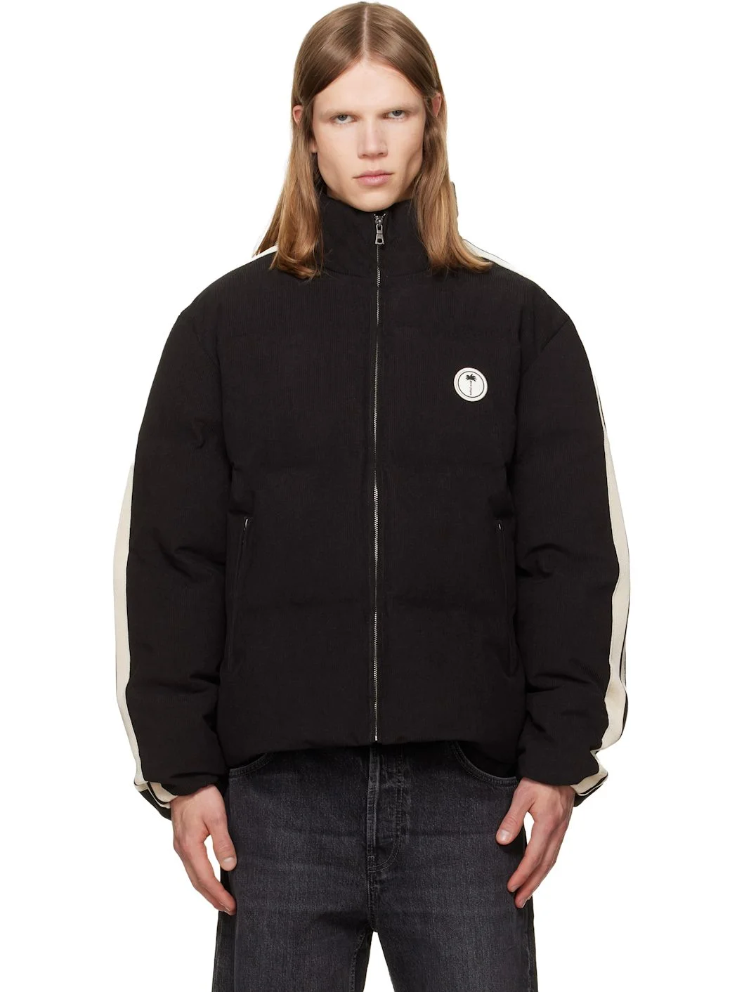Black Tree Logo Cord Track Down Jacket - 1