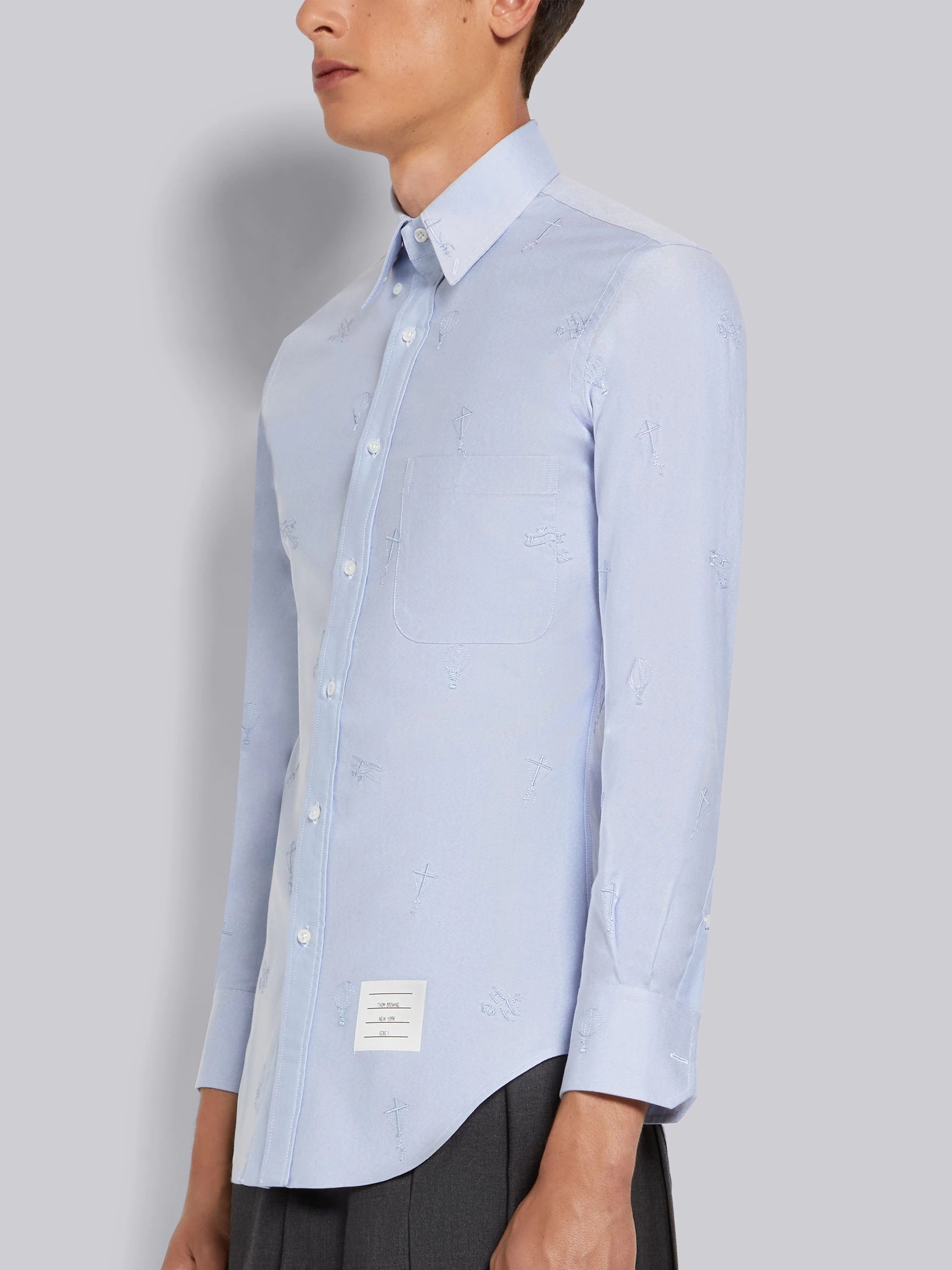 Light Blue Oxford Embroidered Half Drop Sky Icon Classic Fit Shirt - 2