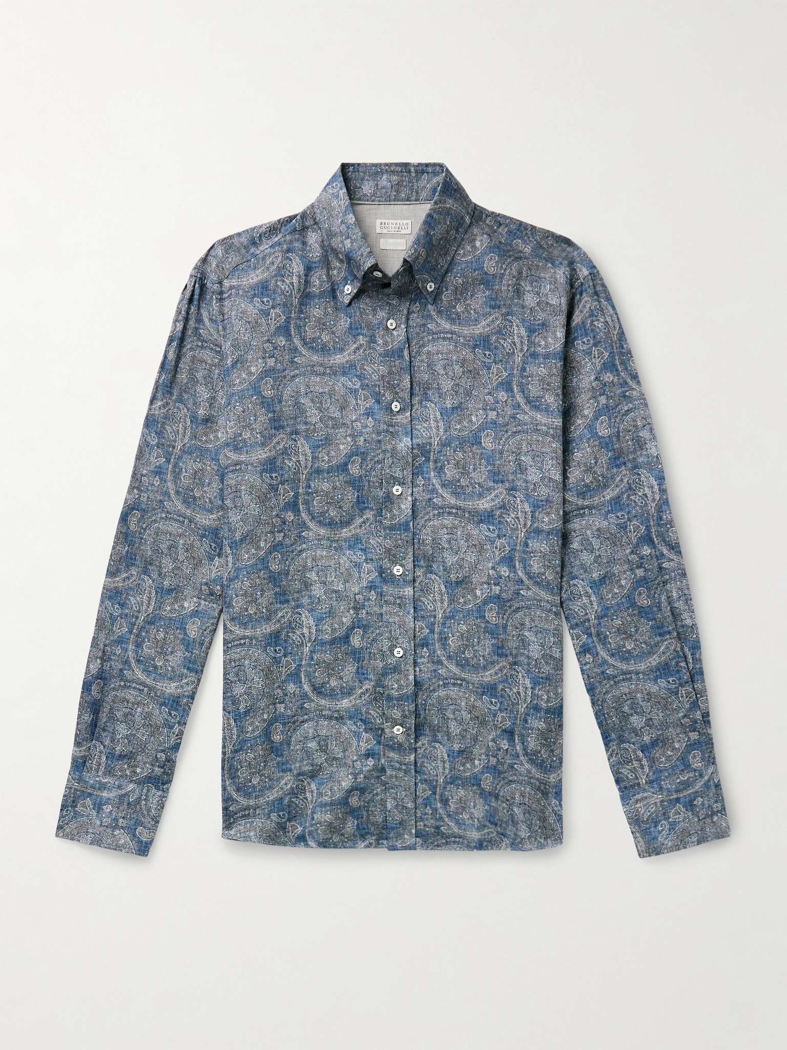 Button-Down Collar Paisley-Print Linen-Chambray Shirt - 1