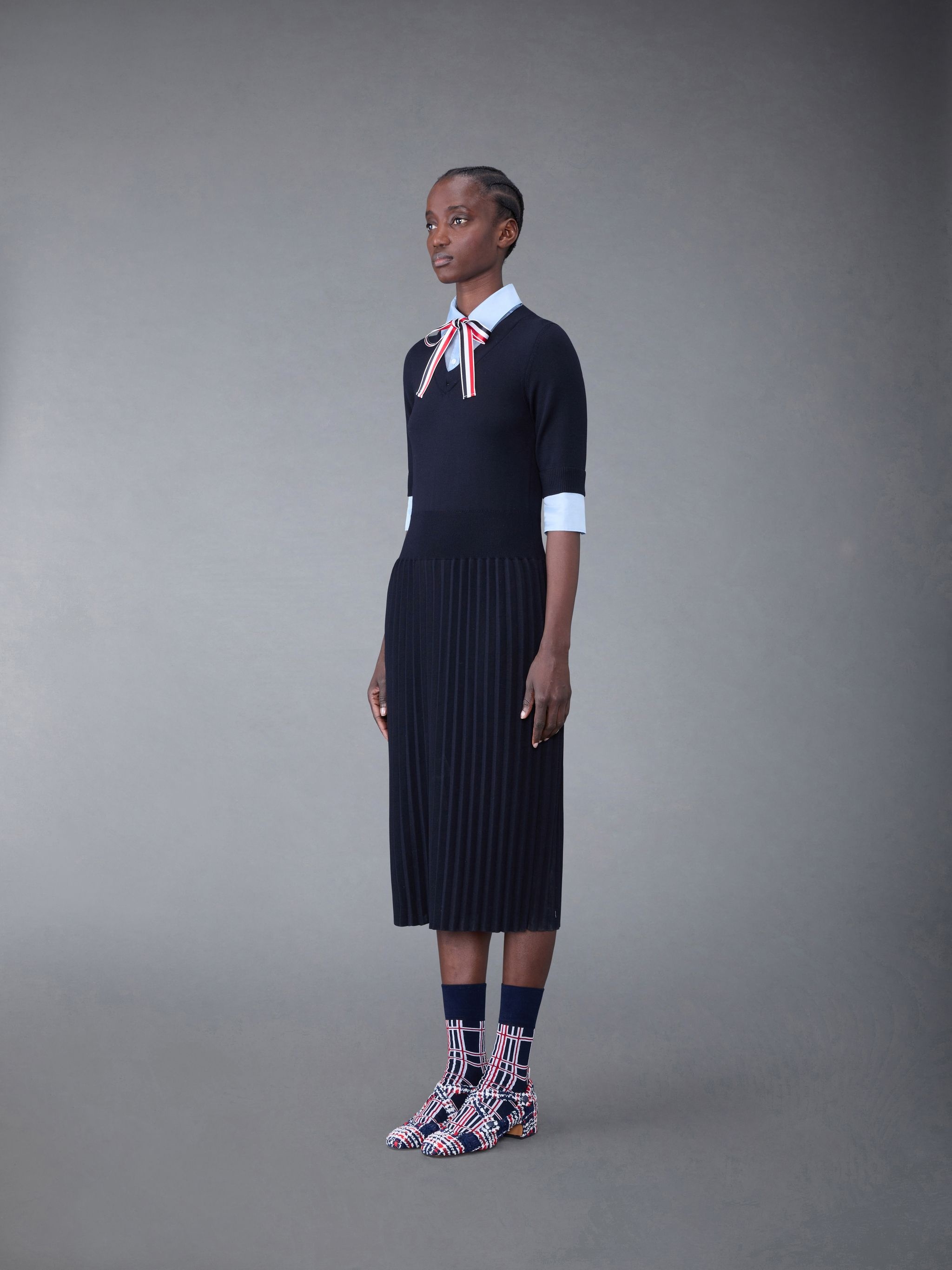 Wool Jersey Organza Pleated Bottom Ribbon Tie Combo Shirtdress - 6