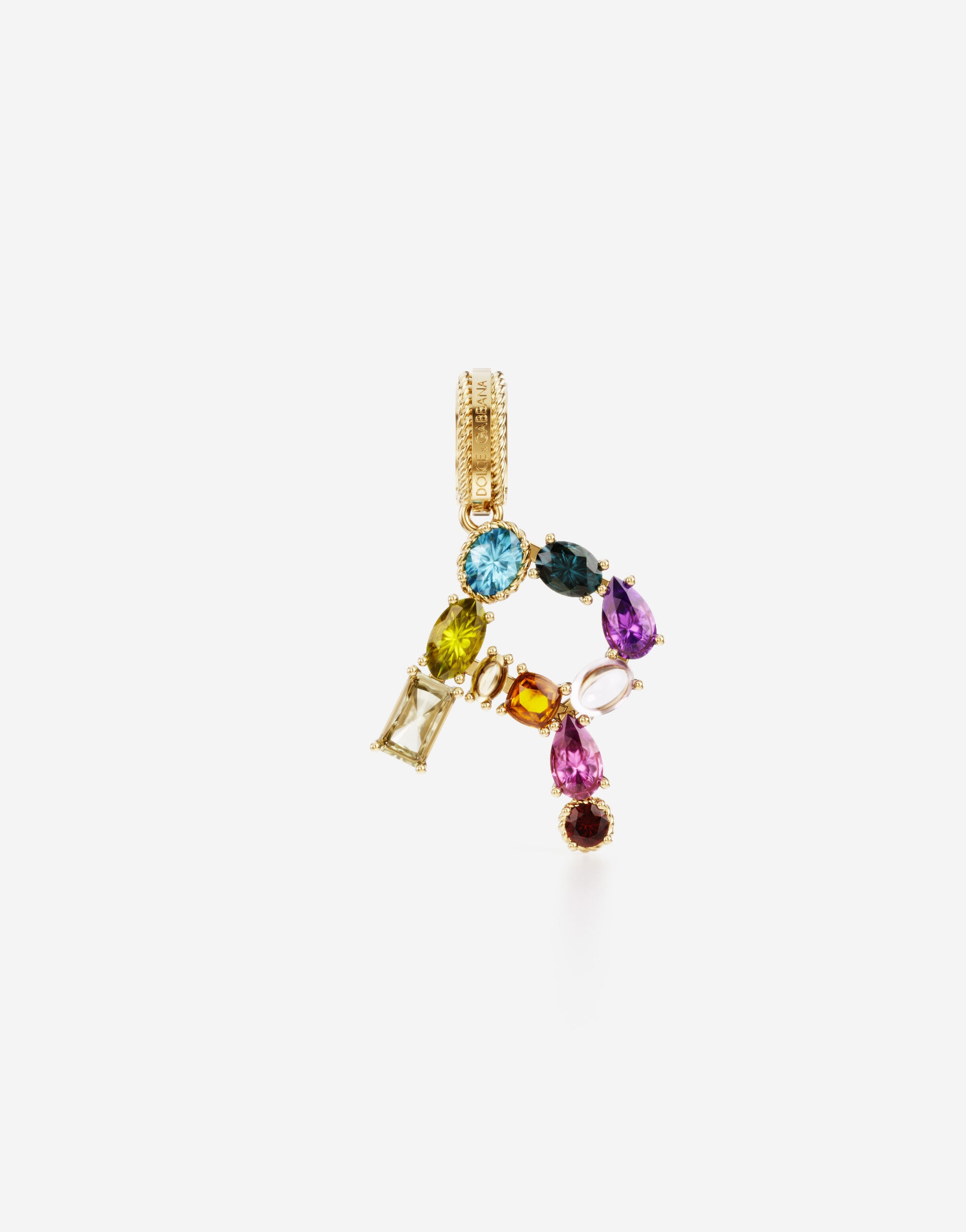 Rainbow alphabet R 18 kt yellow gold charm with multicolor fine gems - 1