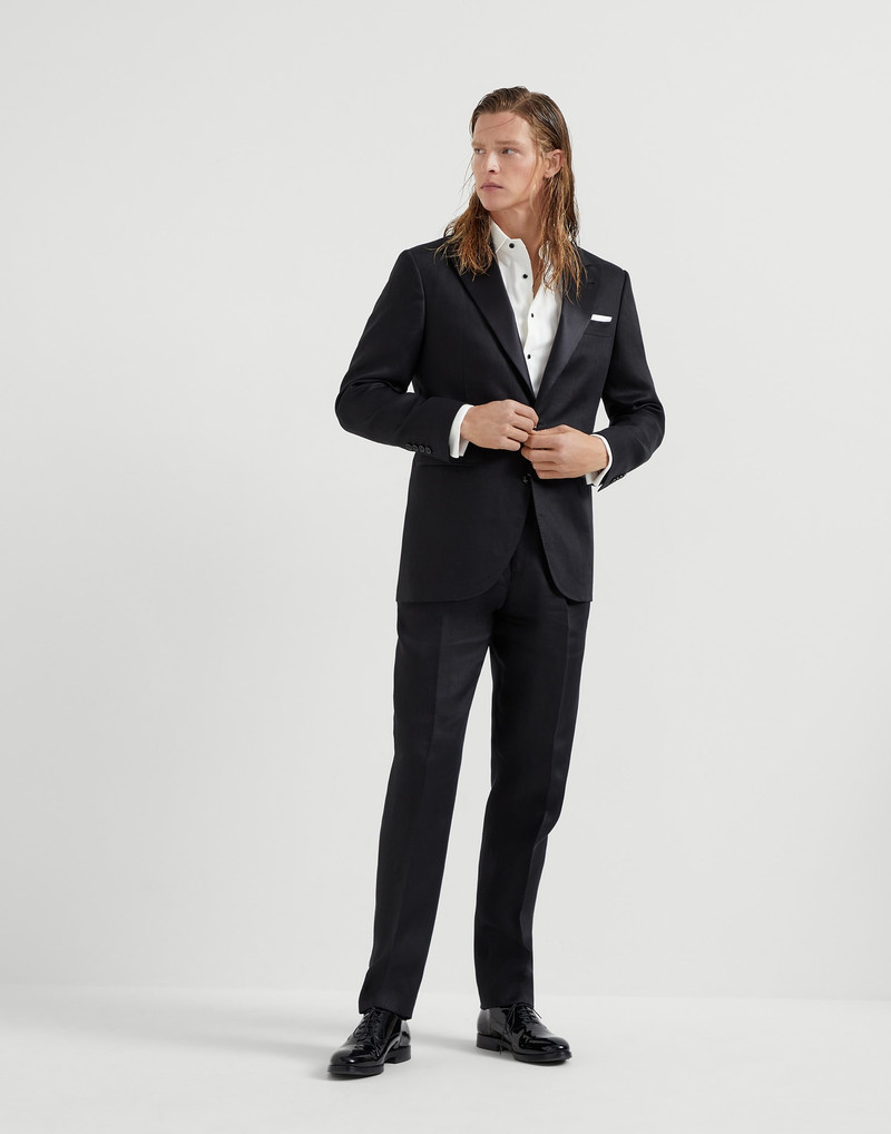 Linen satin tuxedo with peak lapel jacket and trousers with pleat 1