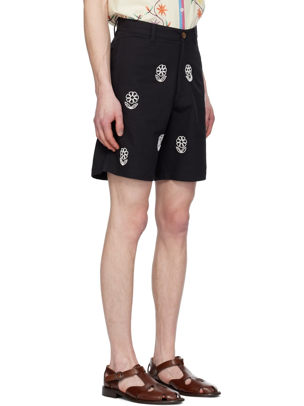 Black Beadwork Embroidered Long Shorts - 2