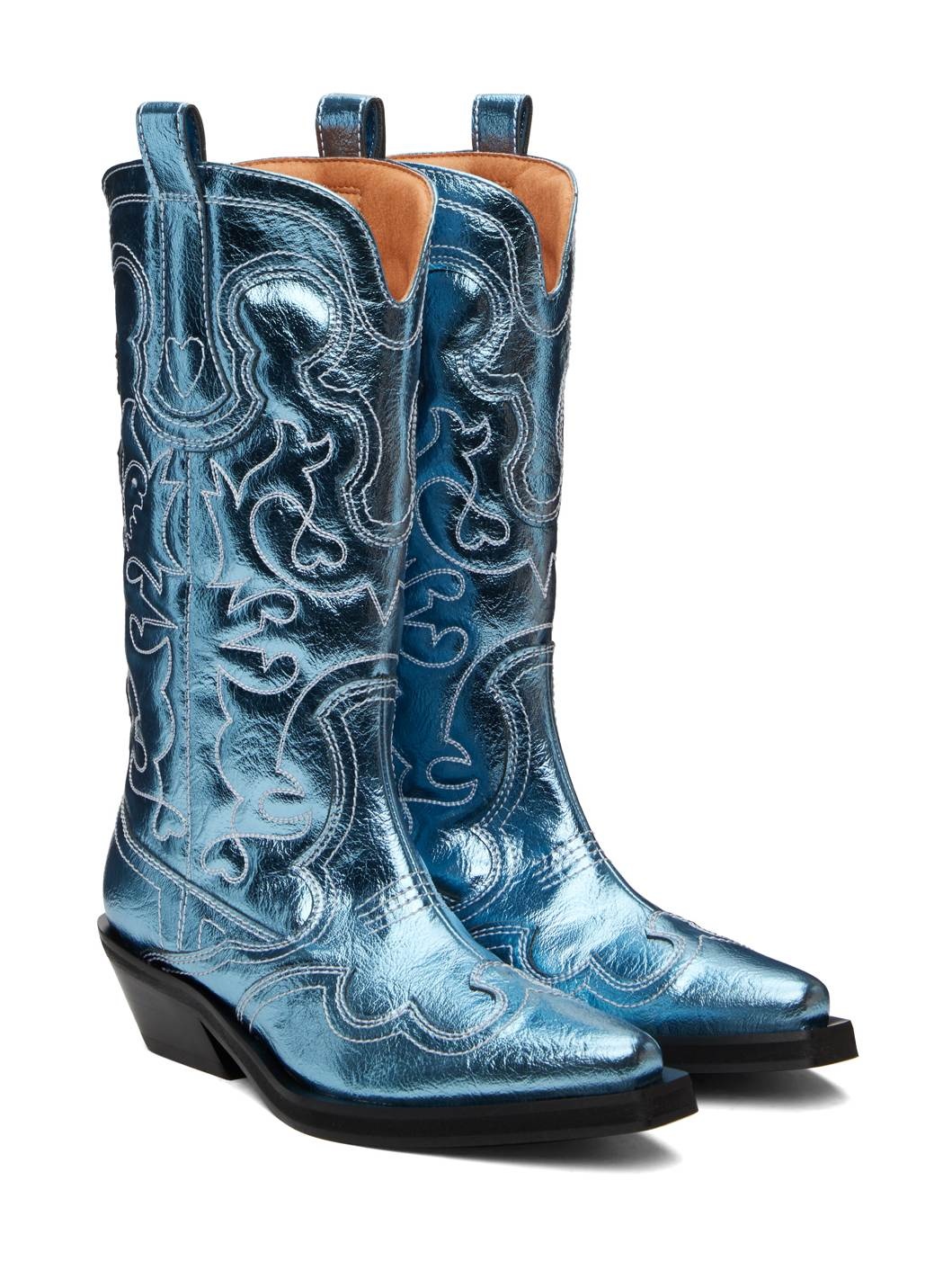 Blue Metallic Mid Shaft Embroidered Western Boots - 4