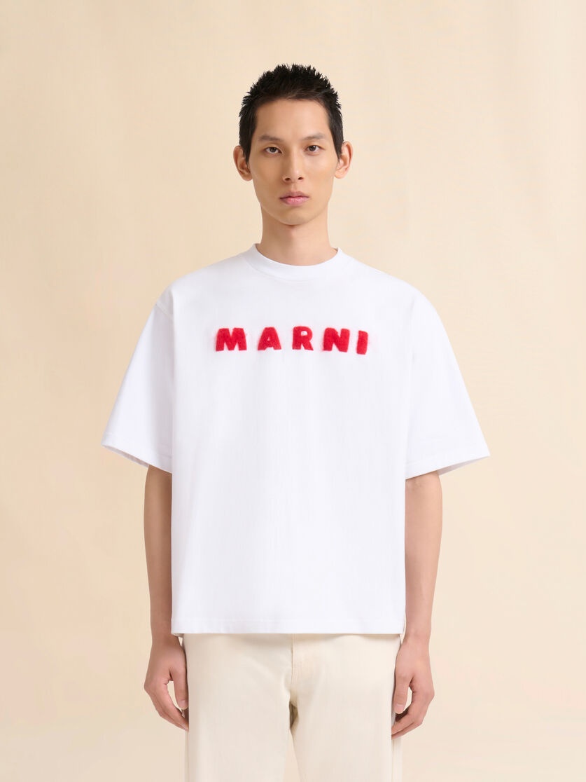 WHITE COTTON T-SHIRT WITH MOHAIR PATCHES - 2