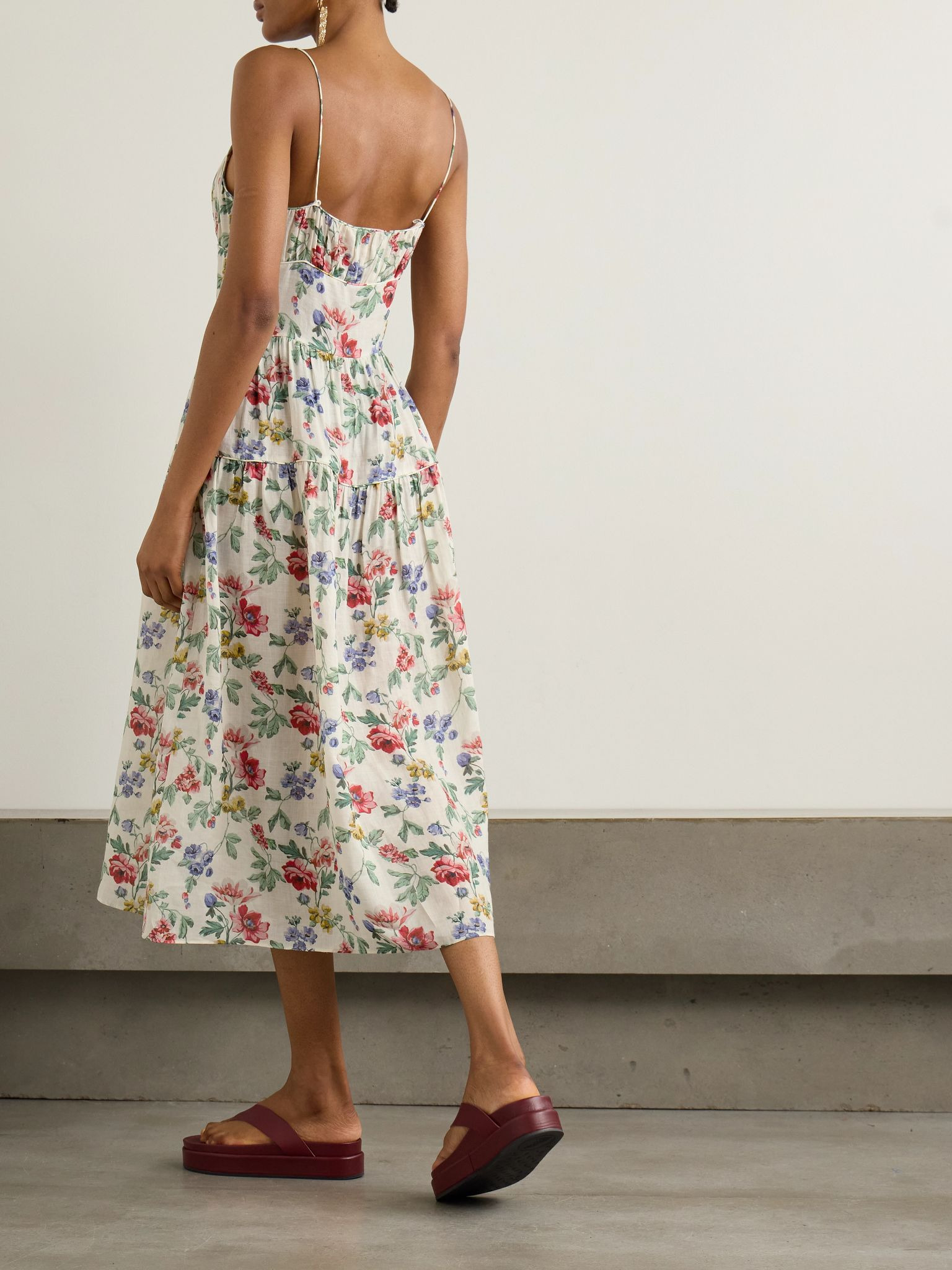 Benoit gathered tiered floral-print ramie midi dress Ivory - 4