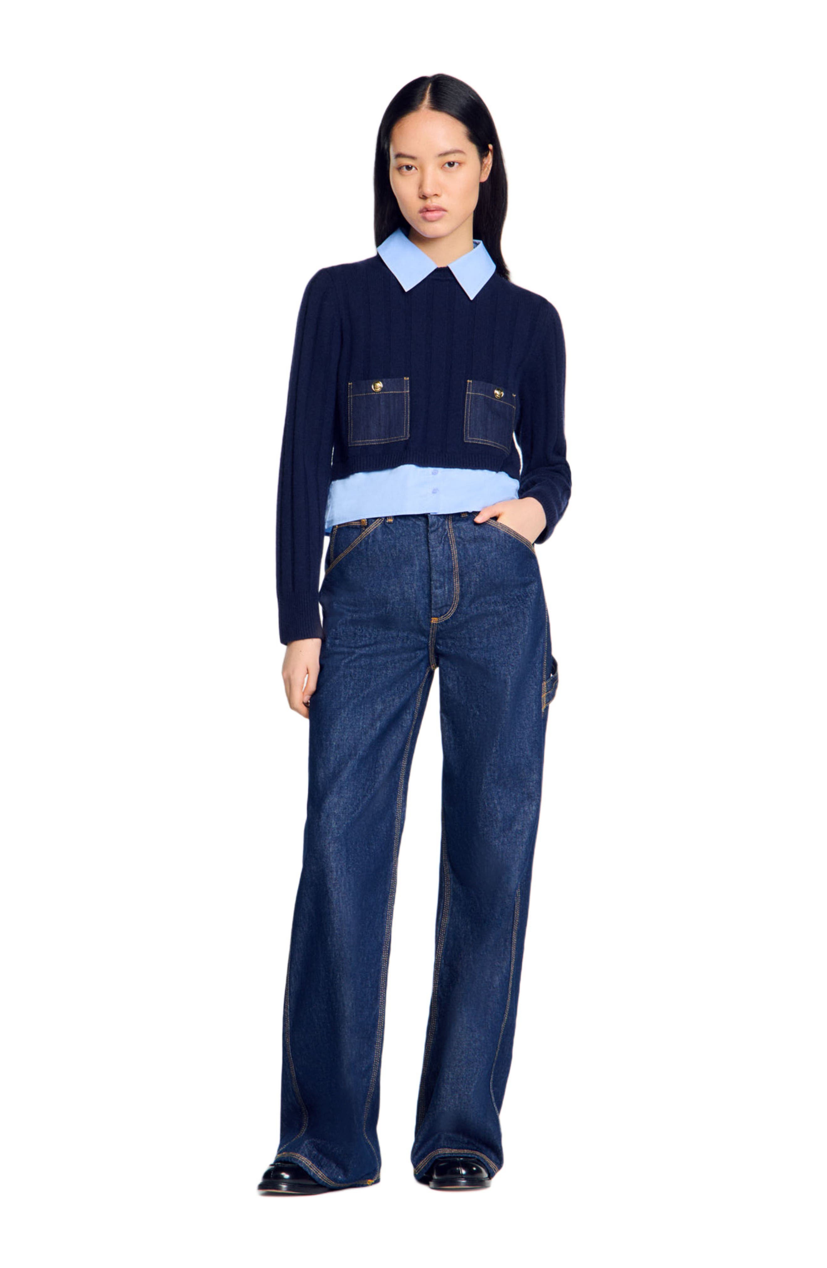 SANDRO Layered-effect sweater in Navy Blue at Nordstrom - 6
