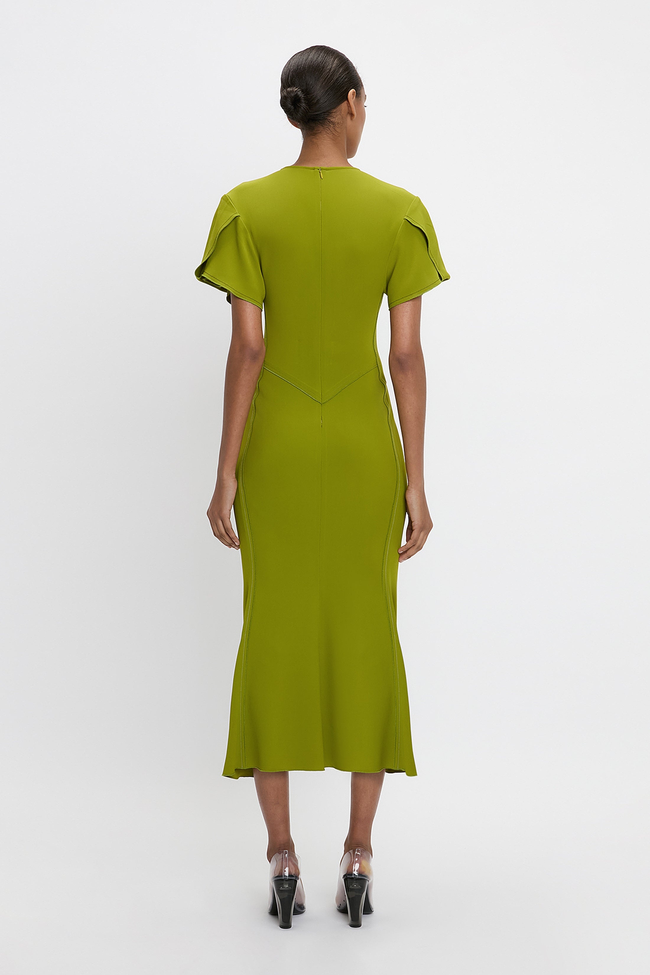 Gathered V-Neck Midi Dress In Parakeet - 4