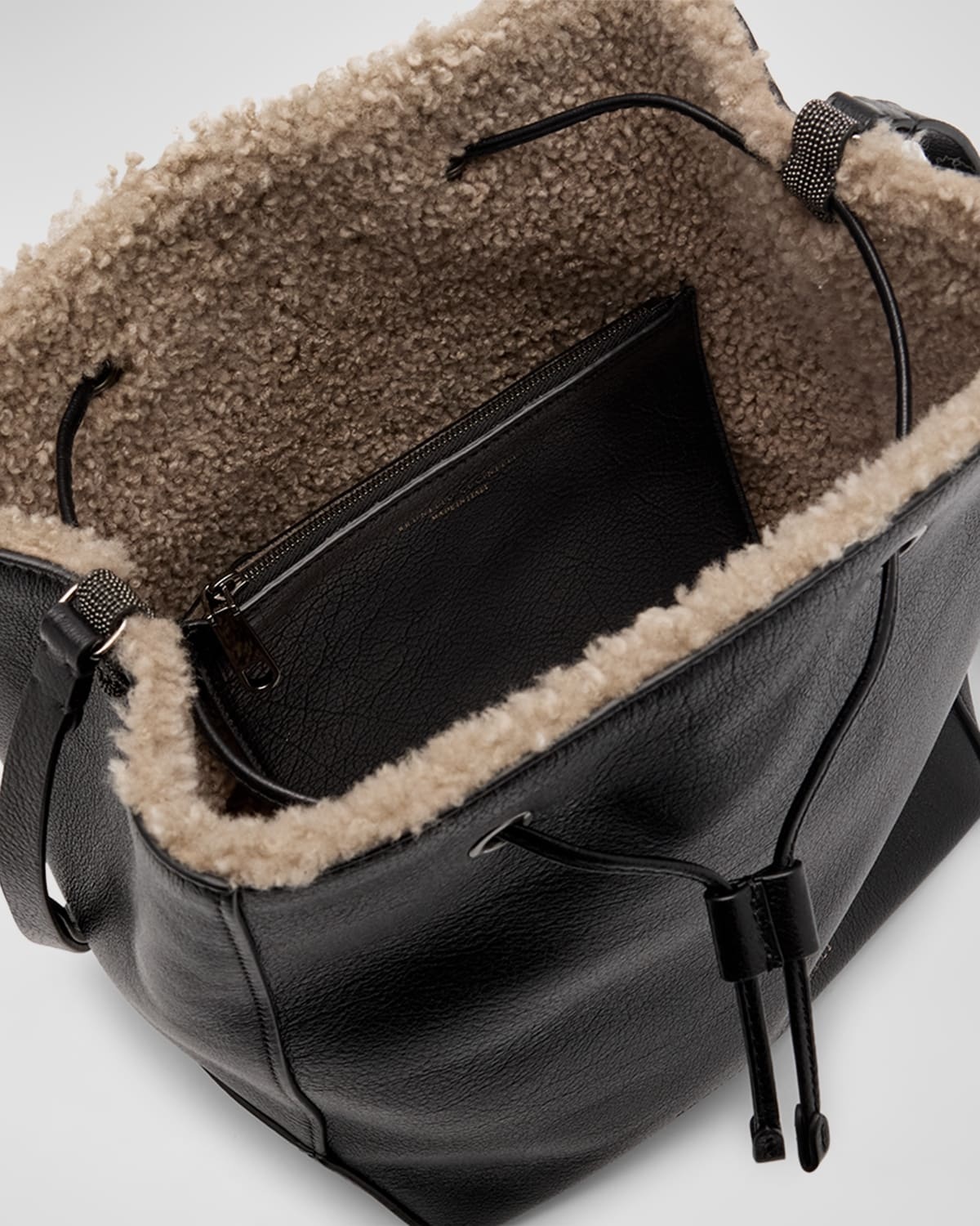 Geometric Sheep Shearling Fur Lined Bucket Bag - 3