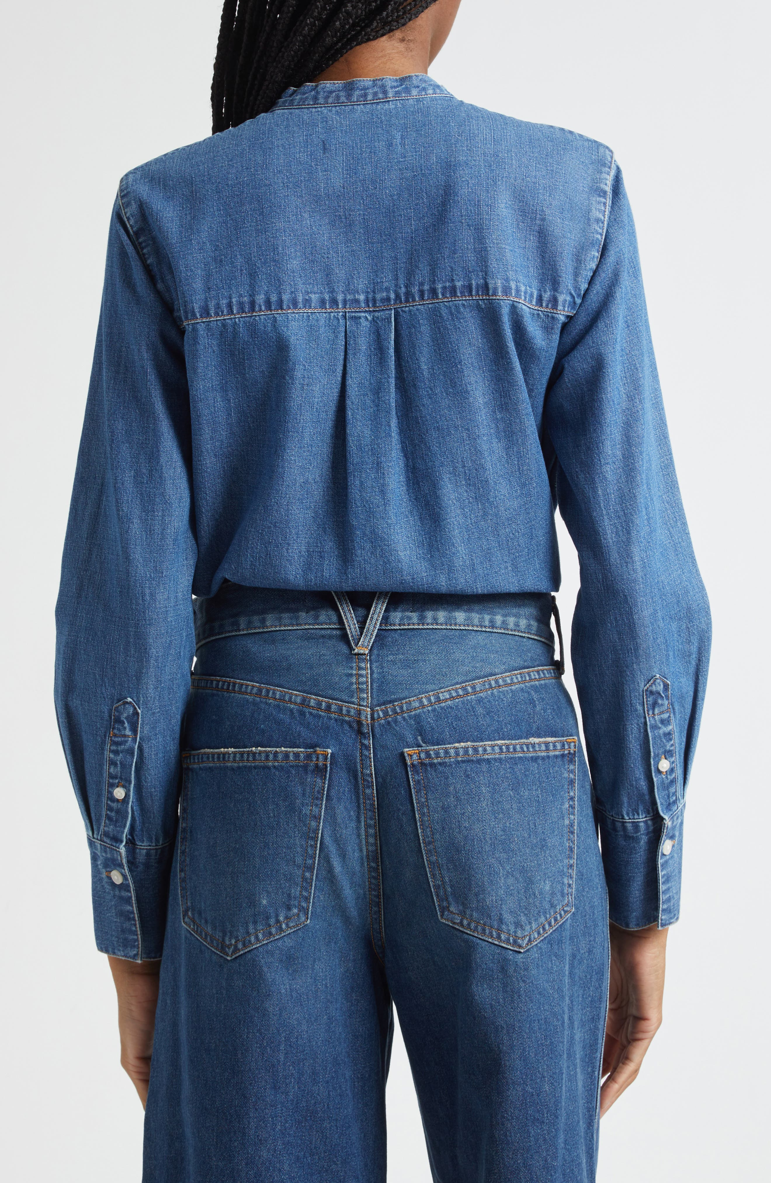 Veronica Beard Gabby Tie Neck Button-Up Denim Shirt in Serendipity at Nordstrom - 3