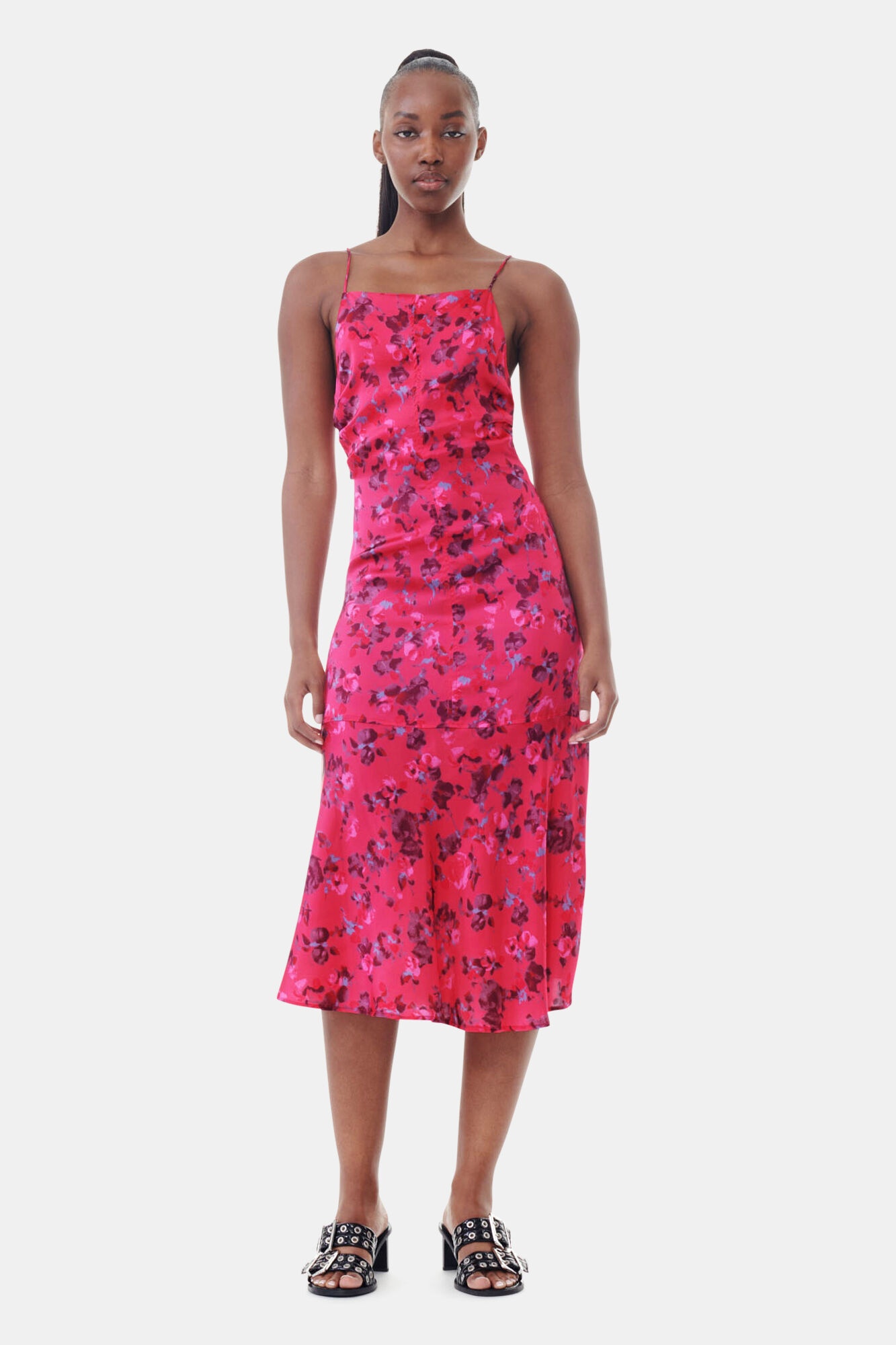 PINK FLORAL PRINTED SATIN MIDI DRESS - 2