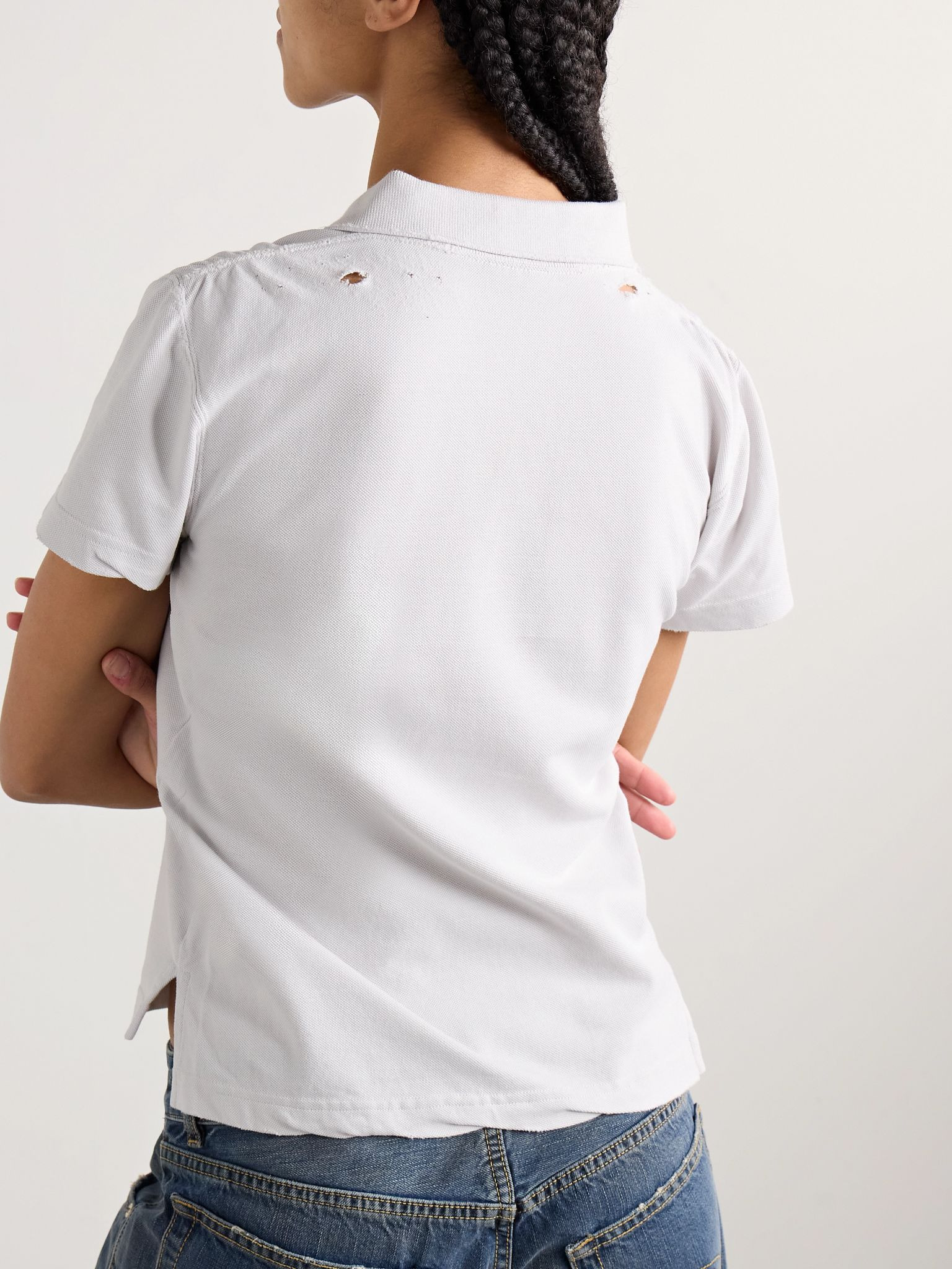 Distressed embroidered cotton-piqué polo shirt Off-white - 3