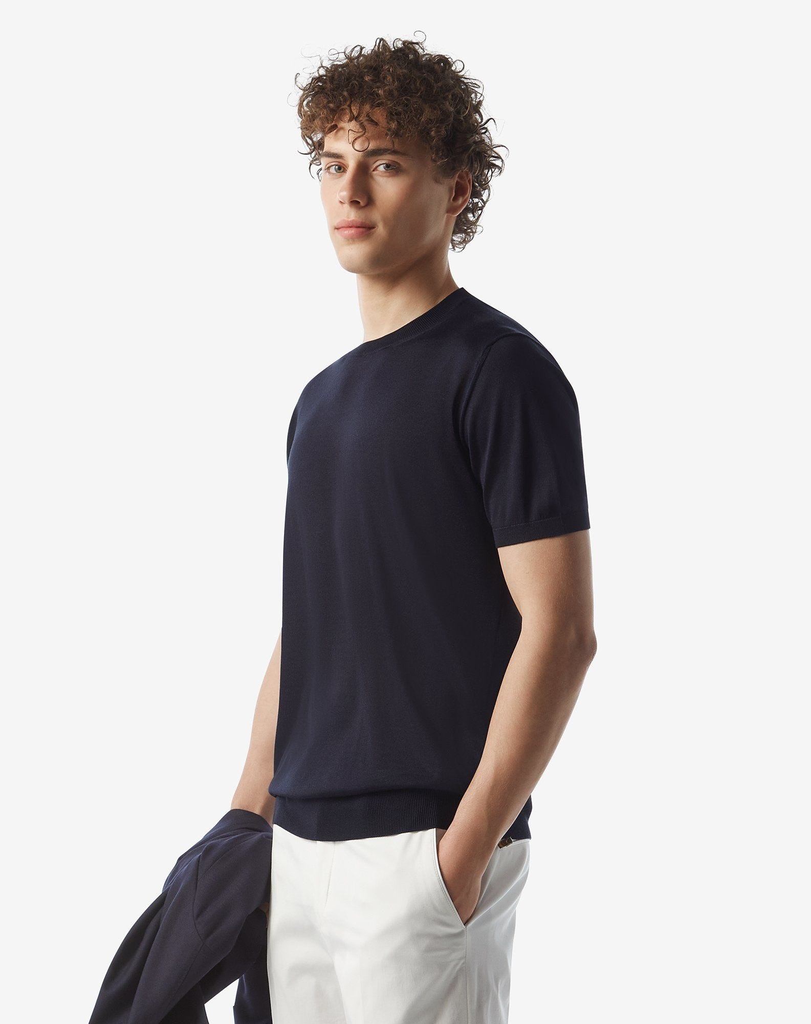 Navy blue pure silk crew neck knitwear - 2