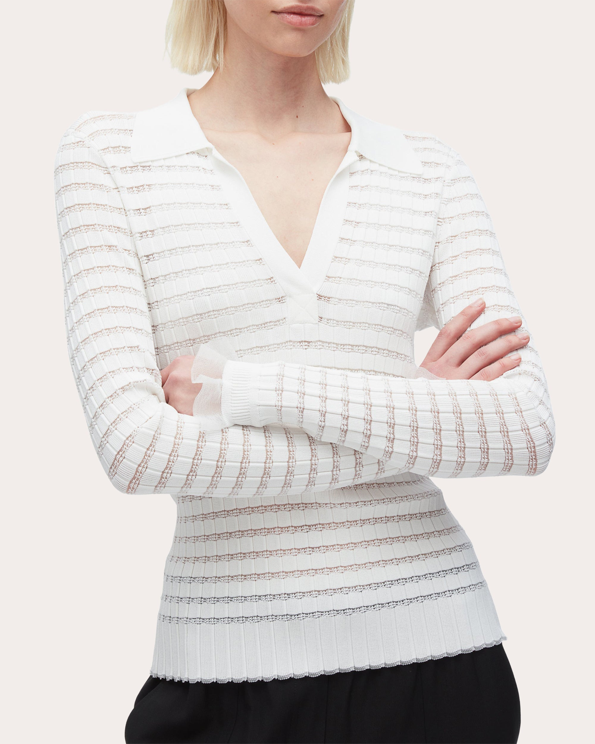 Ribbed Pointelle Knit Polo Top - 5