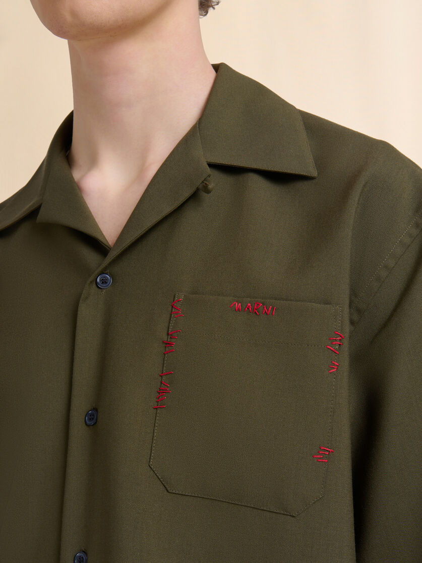 DEEP GREEN TROPICAL WOOL BOWLING SHIRT WITH MARNI MENDING - 4