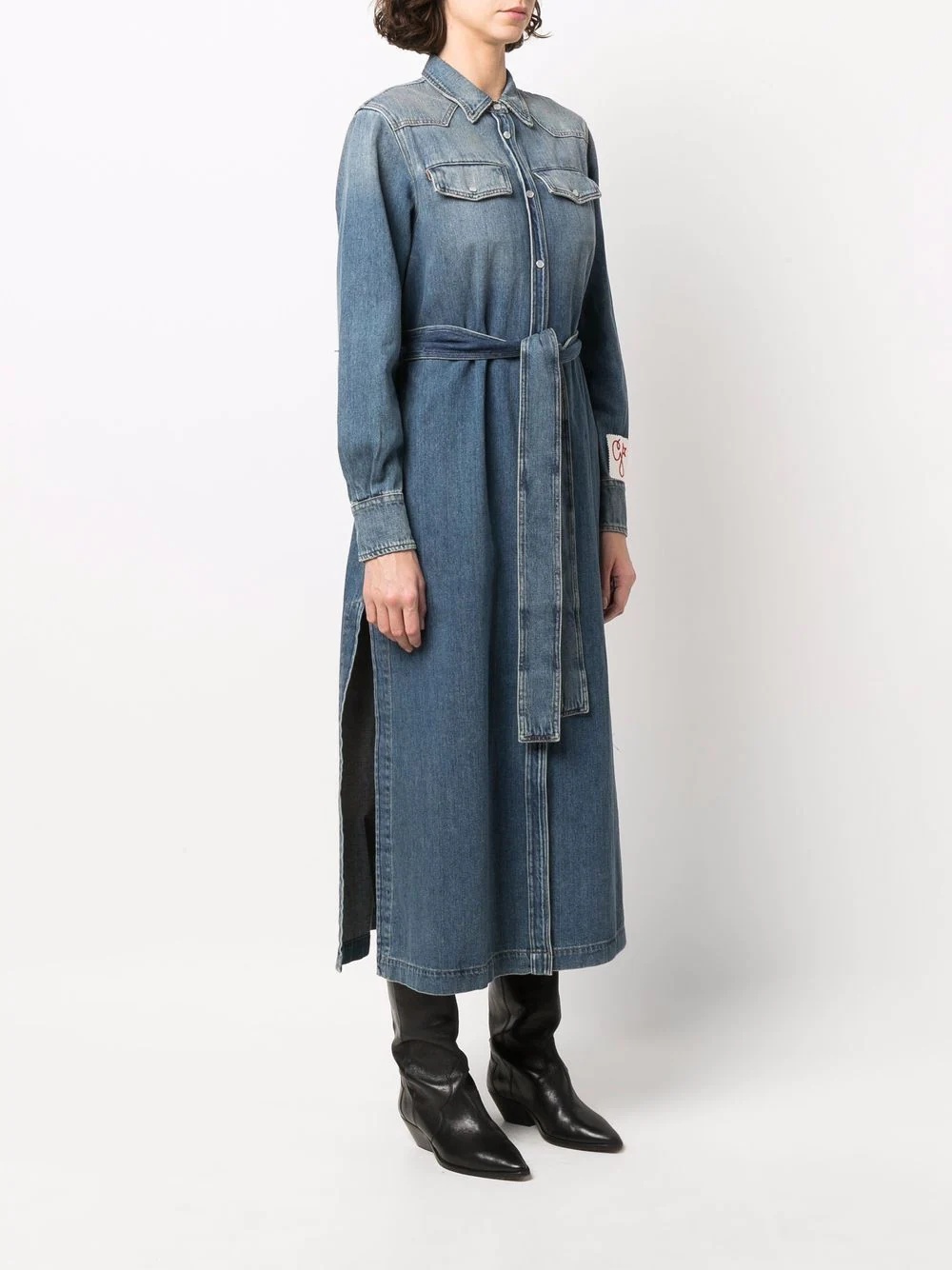 logo-patch long-sleeve denim dress - 3