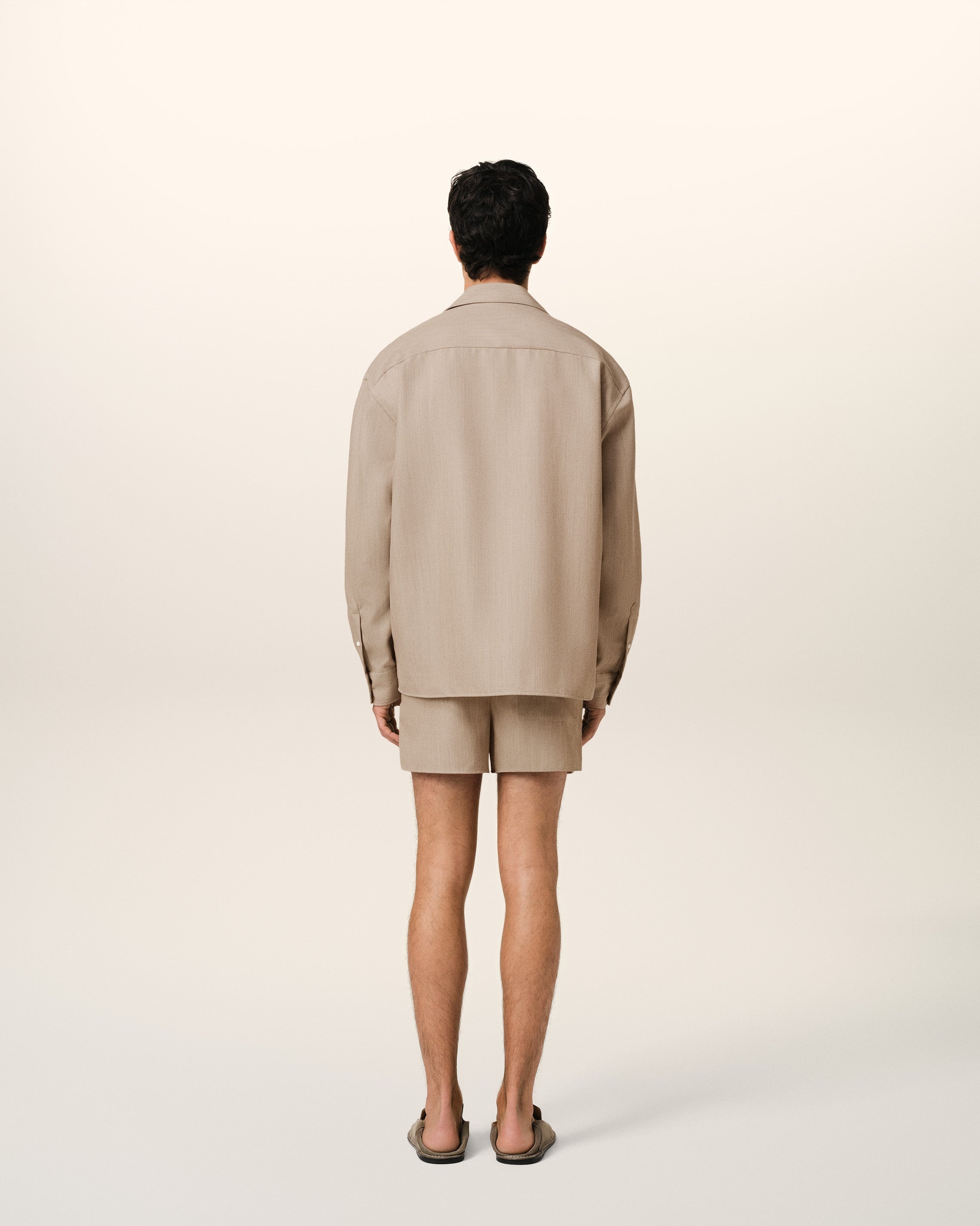 BEIGE WOOL LONG SLEEVE CAMP COLLAR OVERSHIRT - 5