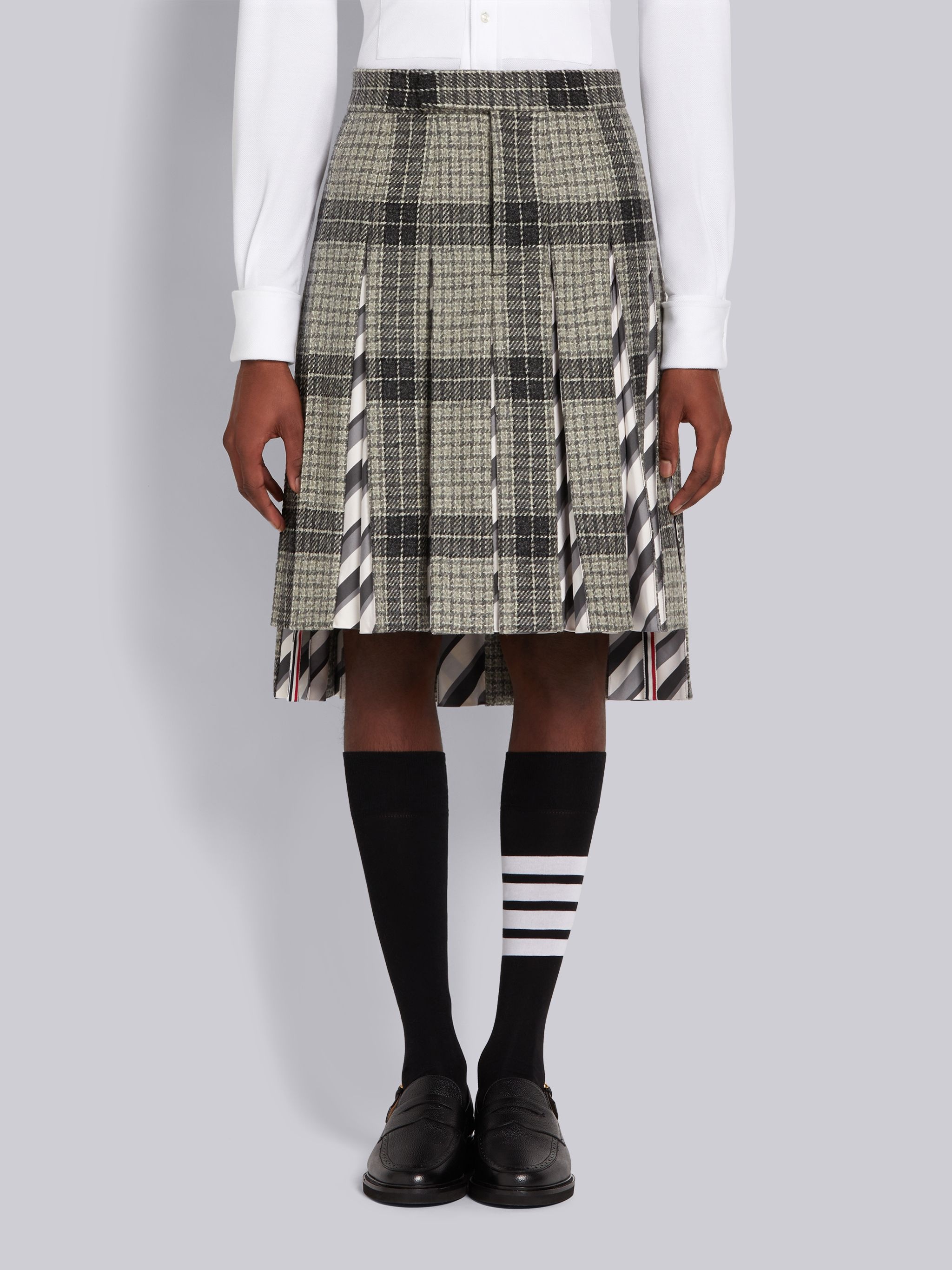 Medium Grey Grid Windowpane Check British Wool Combo Insert Classic Rise Backstrap Pleated Skirt - 1