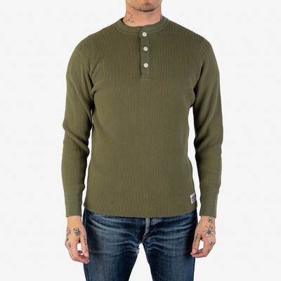 Iron Heart IHTL-1213-OLV Waffle Knit Long Sleeved Thermal Henley - Olive outlook