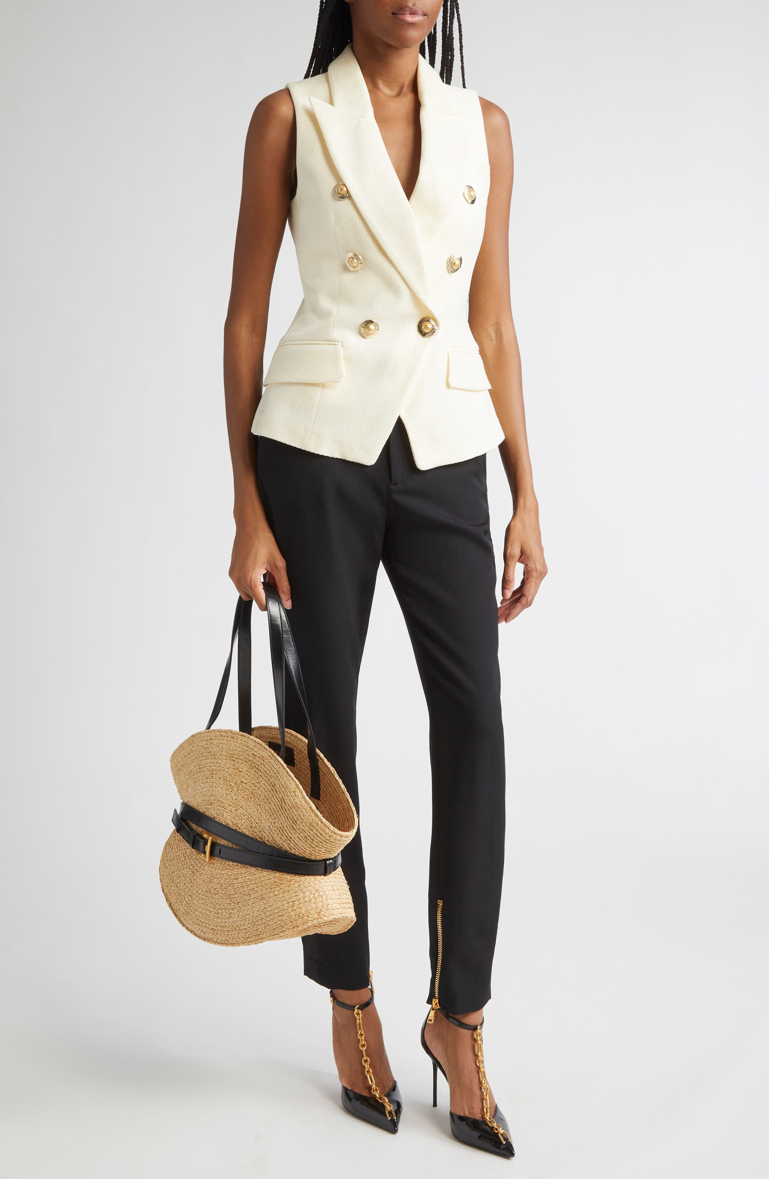 Balmain Basket Weave Weskit Top in 0Fa Off White at Nordstrom - 2