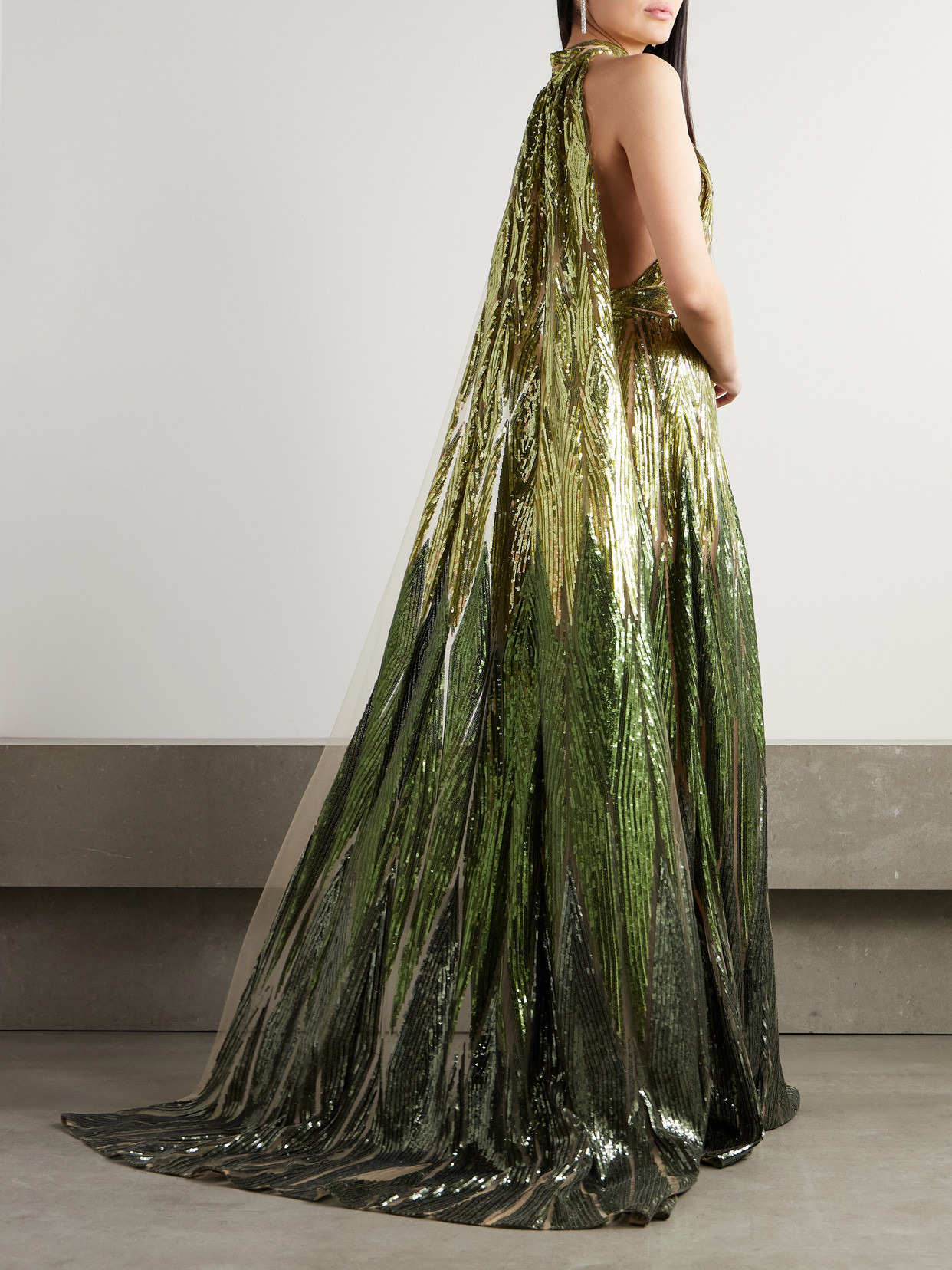 Cape-effect Embroidered Sequined Tulle Halterneck Gown - 3