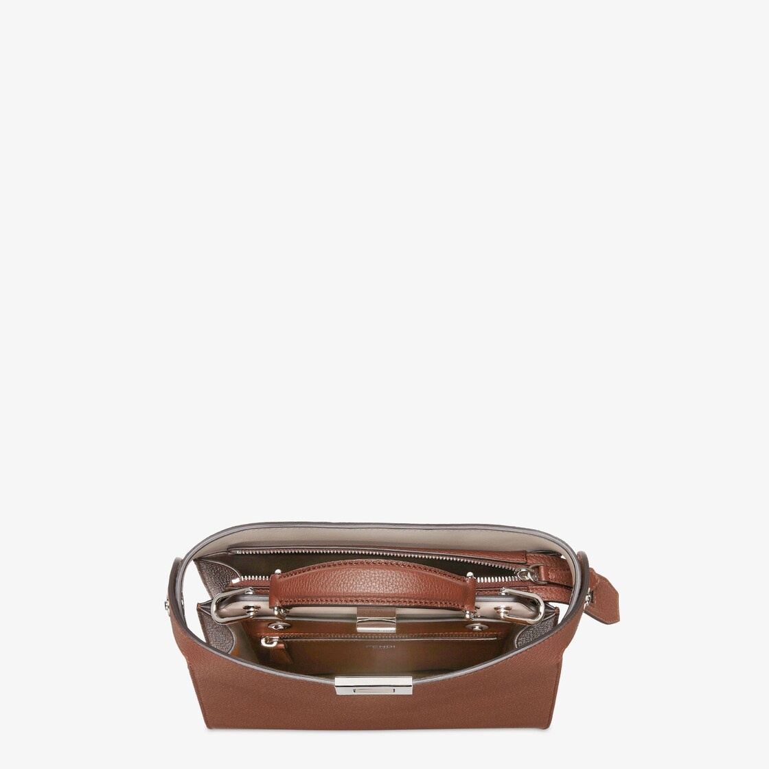 Small iconic Peekaboo ISeeU bag, made of brown Cuoio Romano leather with contrasting light gray inte - 5