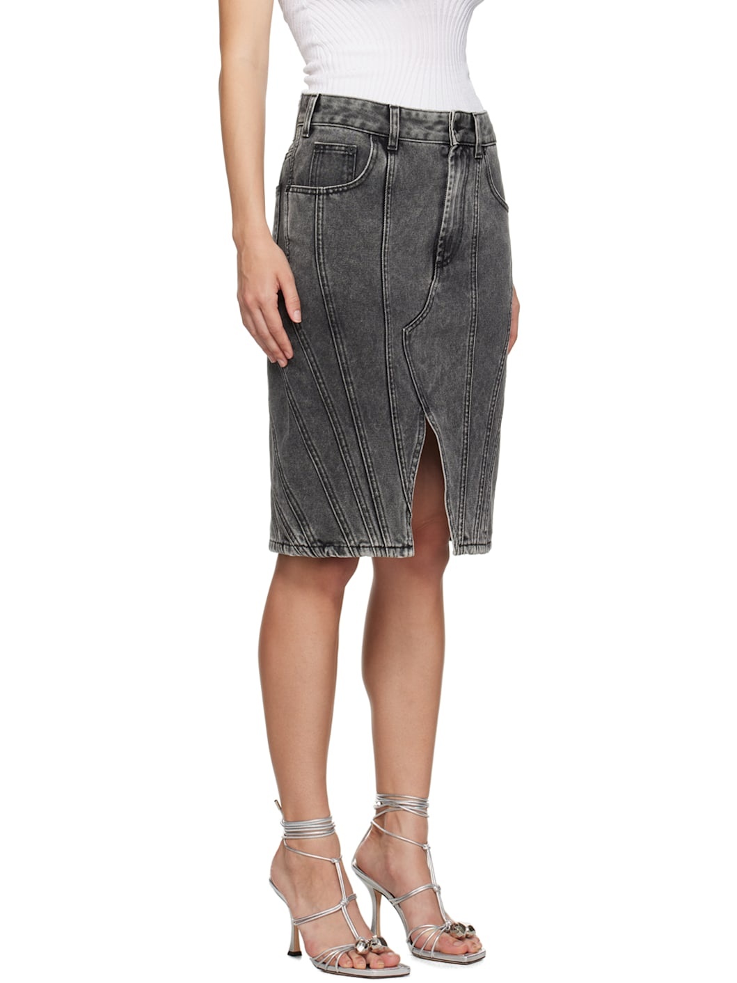 Gray Spiral Denim Midi Skirt - 2
