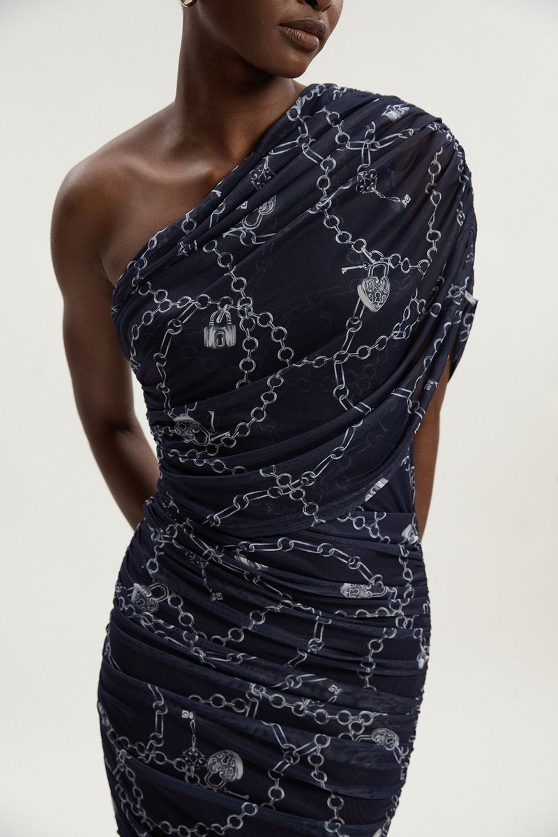 KAREN MILLEN Chain Print Mesh One Shoulder Midi Dress outlook