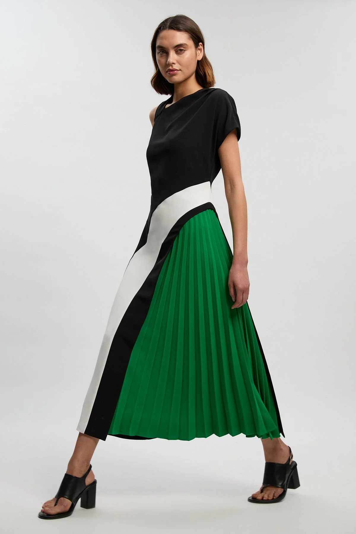 Soft Tailored Colour Block High Neck Pleated Midi Dress - 1