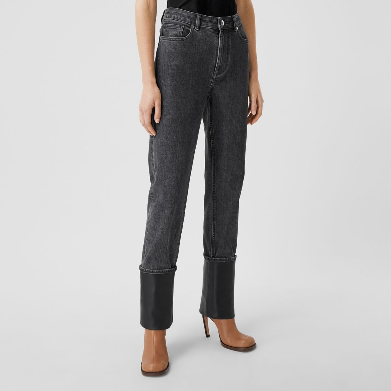 Straight Fit Contrast Cuff Washed Jeans - 7