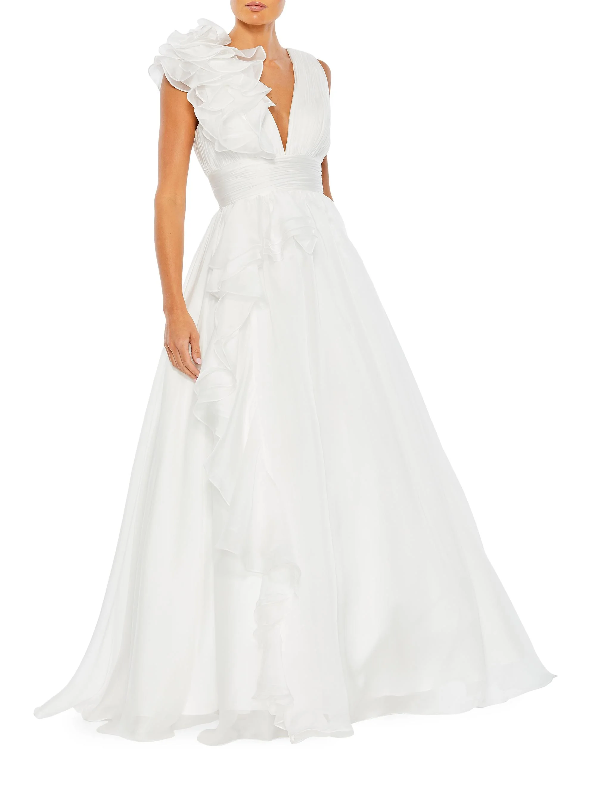 Women's Ruffle Shoulder V-Neck Gown - White - 1
