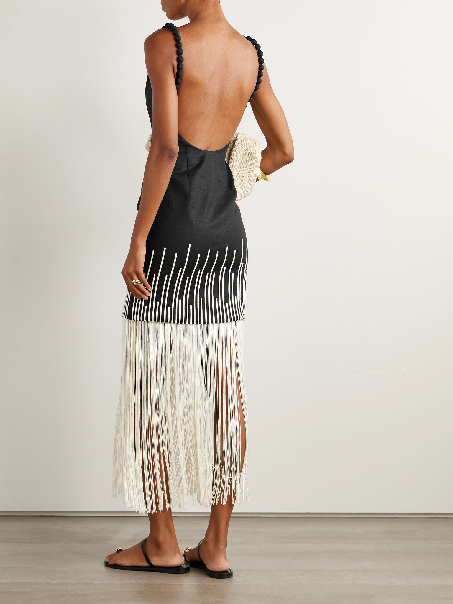 Silencios fringed linen midi dress Black - 3