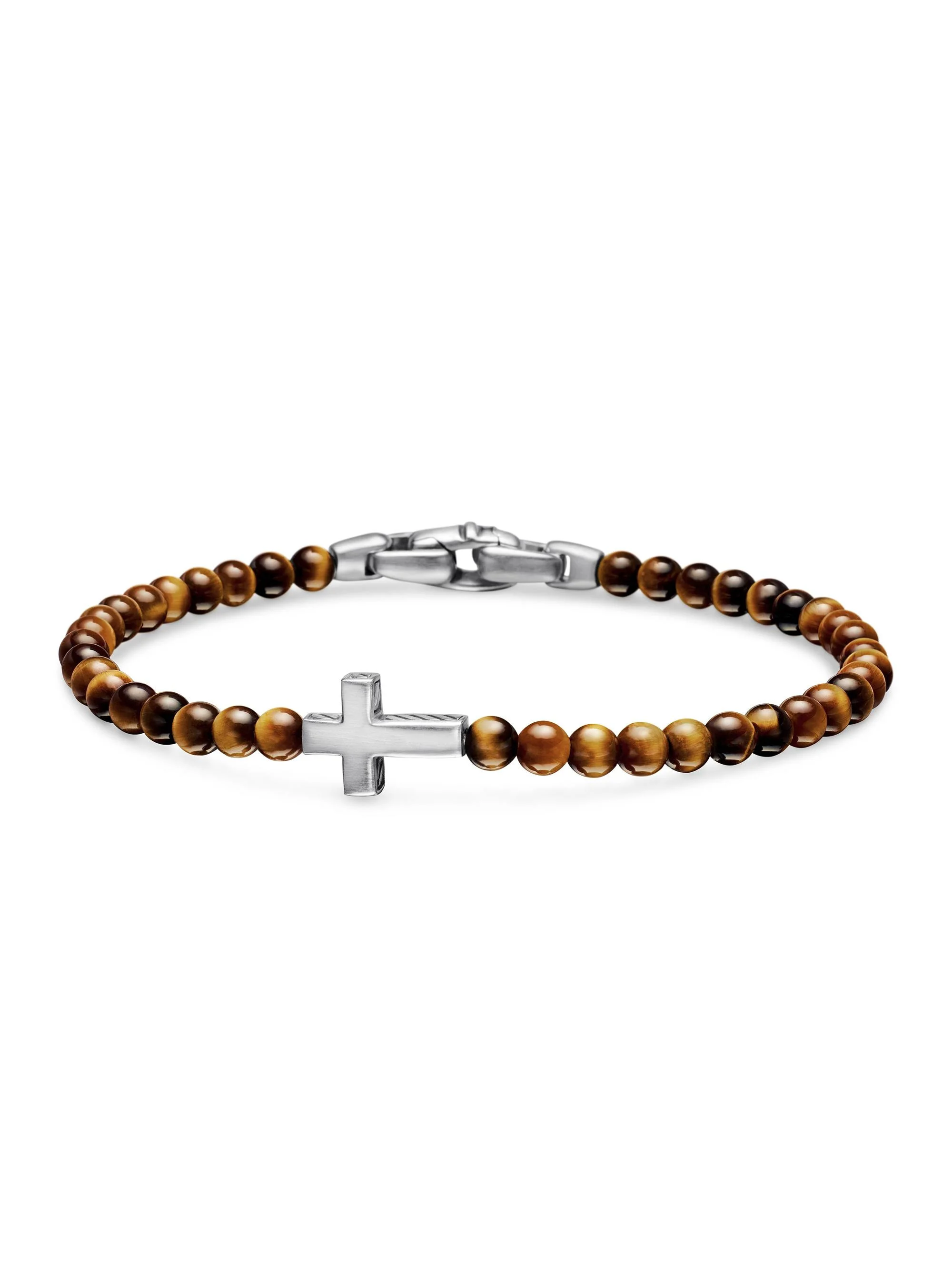 Men's Spiritual Beads Cross Station Bracelet in Sterling Silver - Tigers Eye - 1