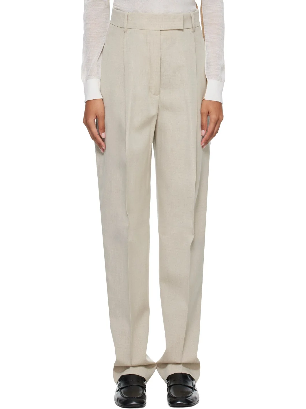 Beige Daria Single Pleat Straight Leg Trousers - 1