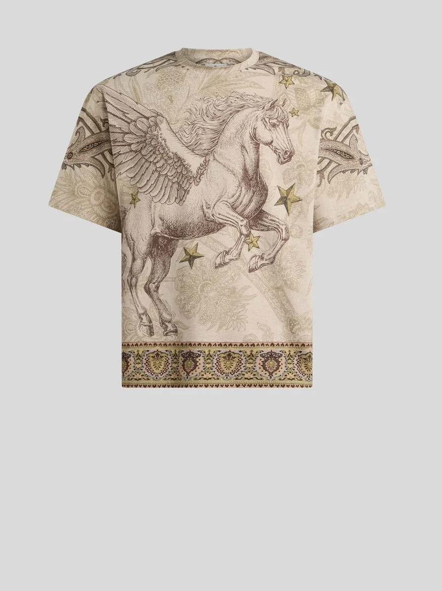 COTTON JERSEY T-SHIRT WITH PLACED PEGASO PRINT - 1