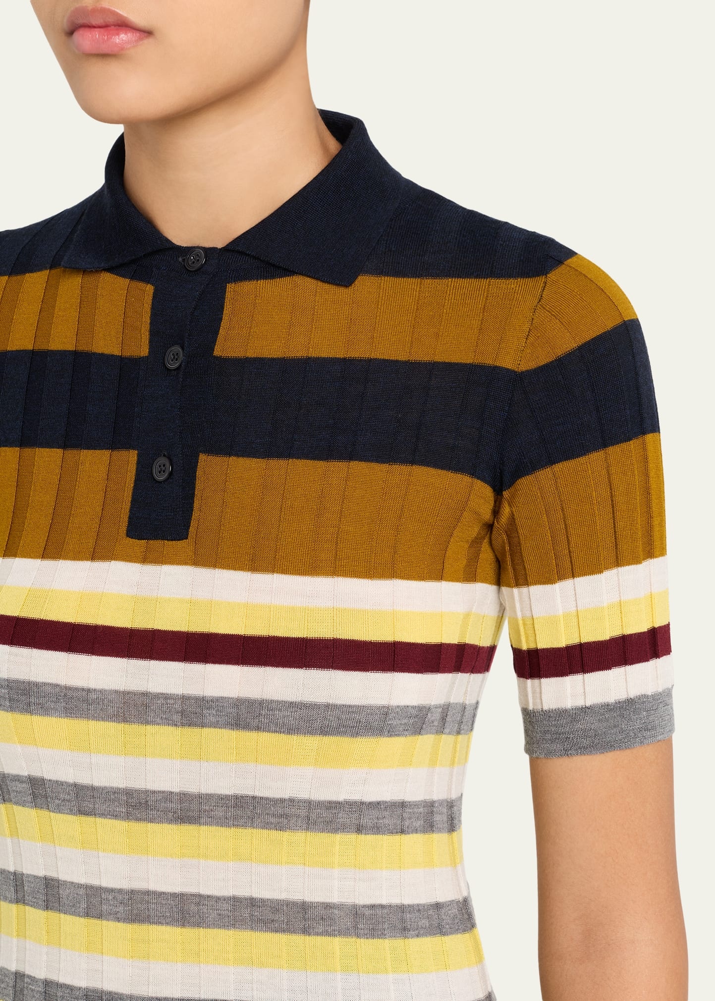 Striped Short-Sleeve Wide Rib Polo Sweater - 5