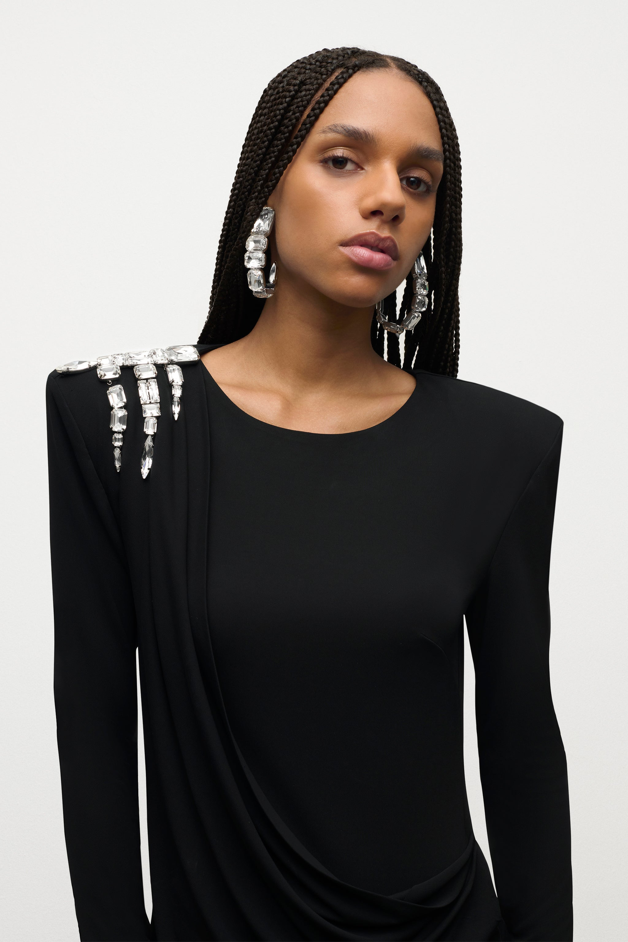 CRYSTAL CLUSTER DRAPED LONG SLEEVE GOWN - 5