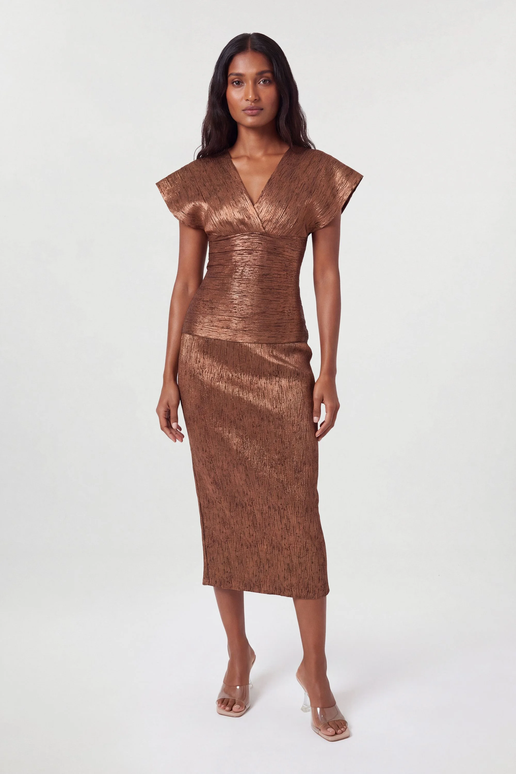 Foil Metallic Figure Form Bandage Angel Sleeve Knit Maxi Dress - 1