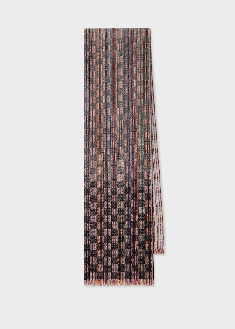 Grey 'Signature Stripe' Basket Weave Wool-Silk Scarf 1