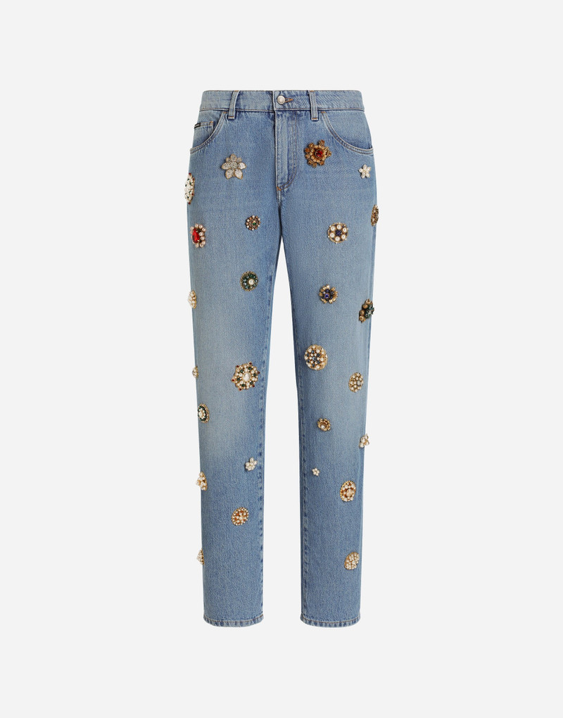 Classic cotton jeans with tag and bejeweled details 1