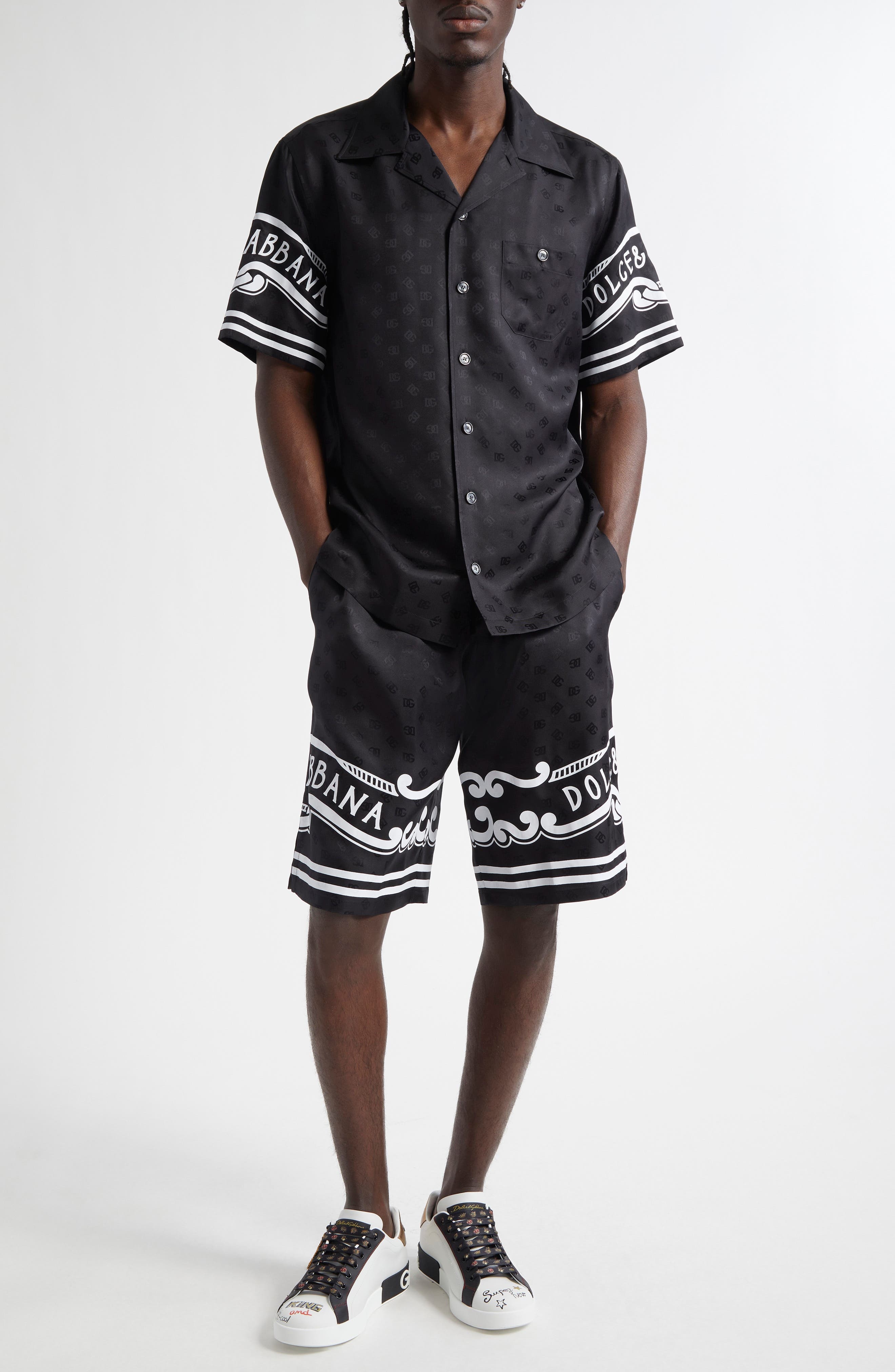 Dolce&Gabbana Logo Jacquard Bandana Print Silk Camp Shirt in Nero at Nordstrom - 2