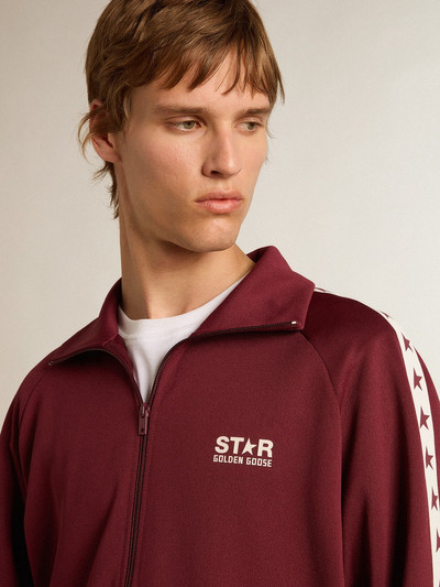 Golden Goose Men’s burgundy zipped sweatshirt with white strip and contrasting stars outlook