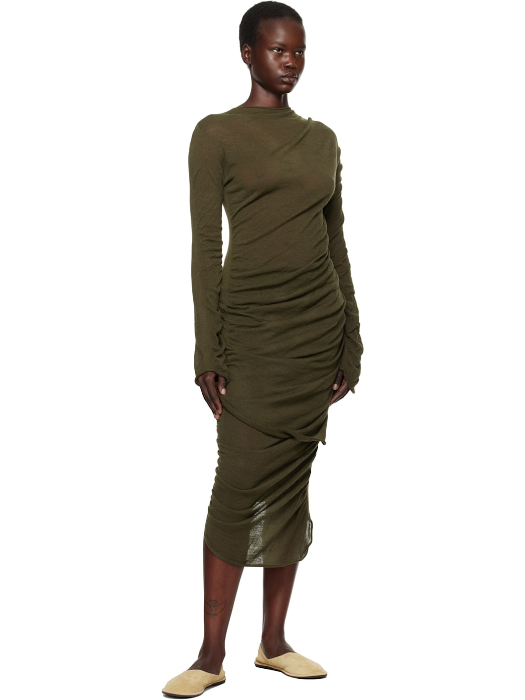 Green Ambiguous Wool Midi Dress - 5