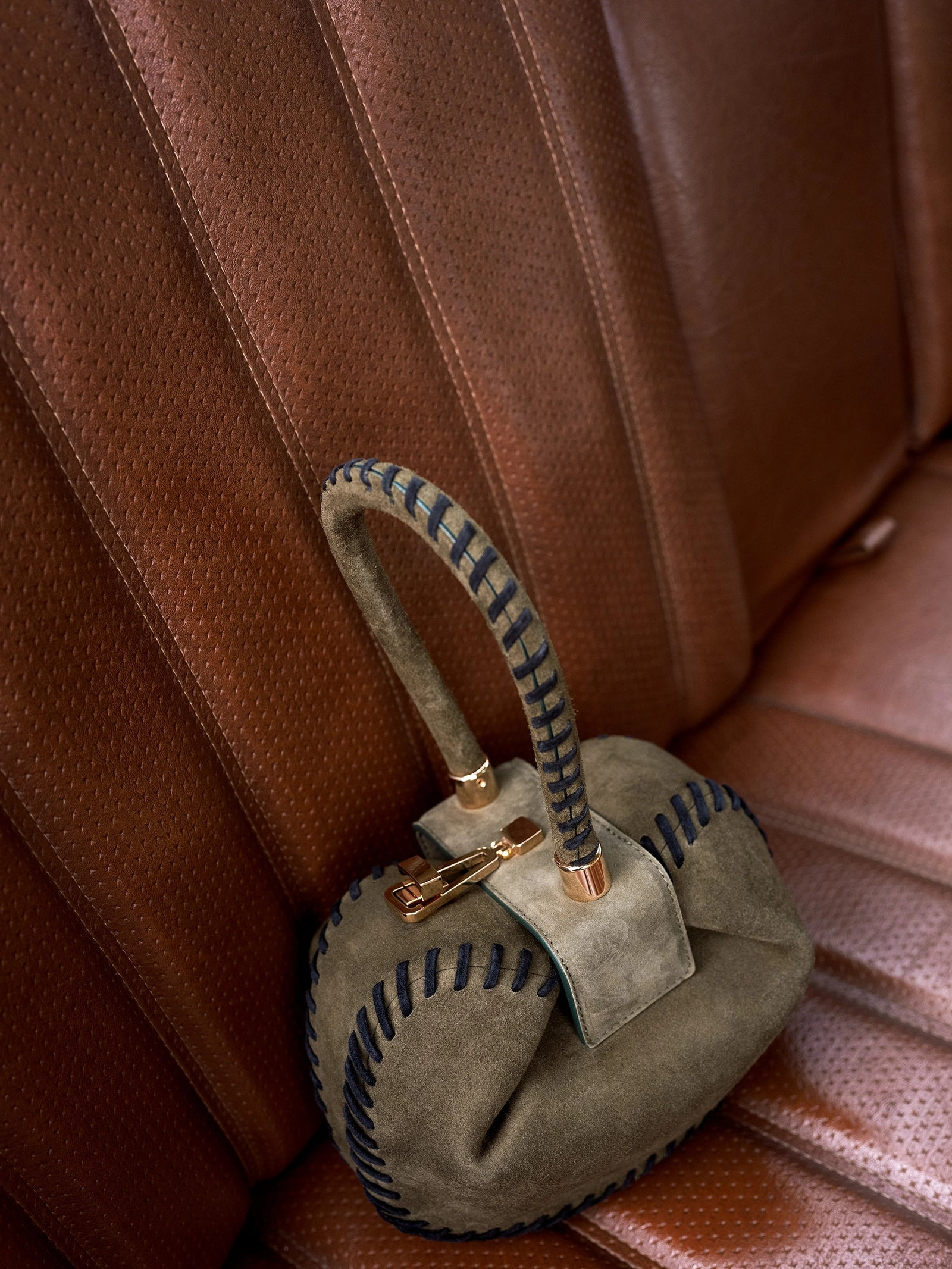 Whipstitch Demi Bag in Olive Suede - 8
