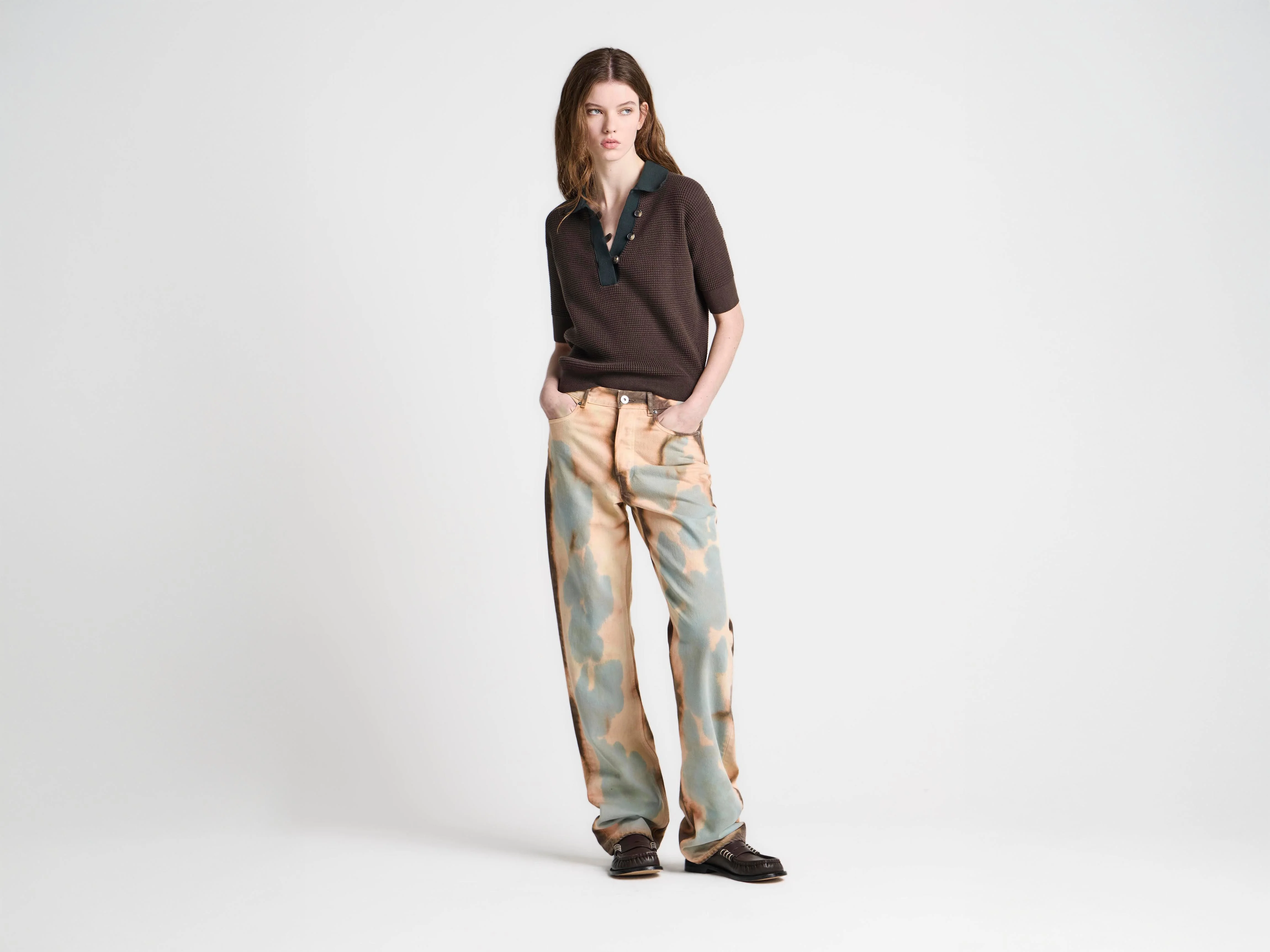 WOMENS STRAIGHT LEG BLEACHED DENIM JEANS IN PEACH - 1
