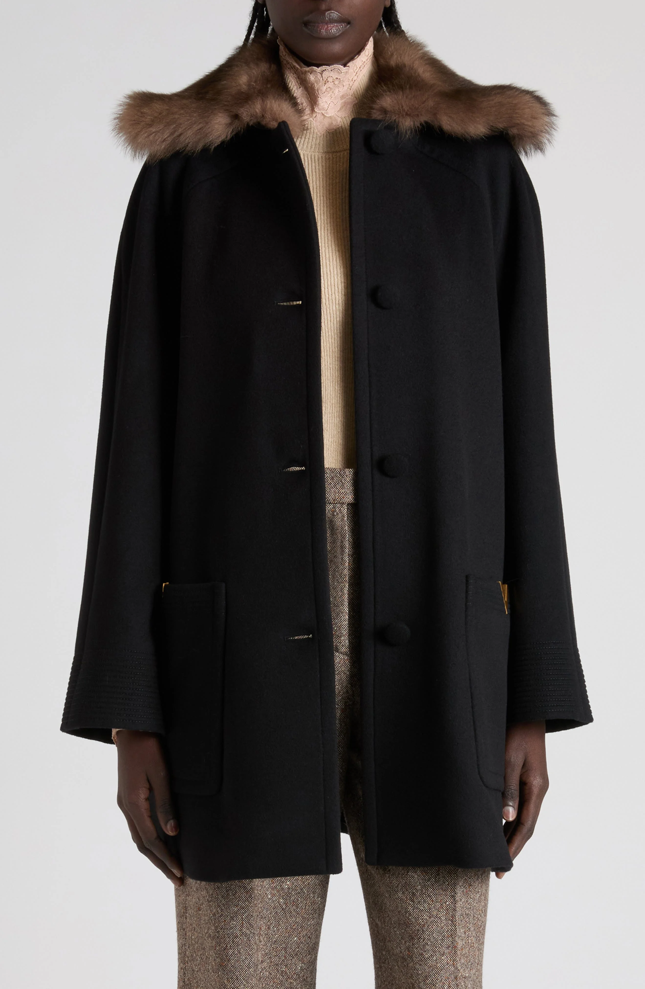 Valentino Genuine Shearling Collar Wool Coat in Black at Nordstrom - 1